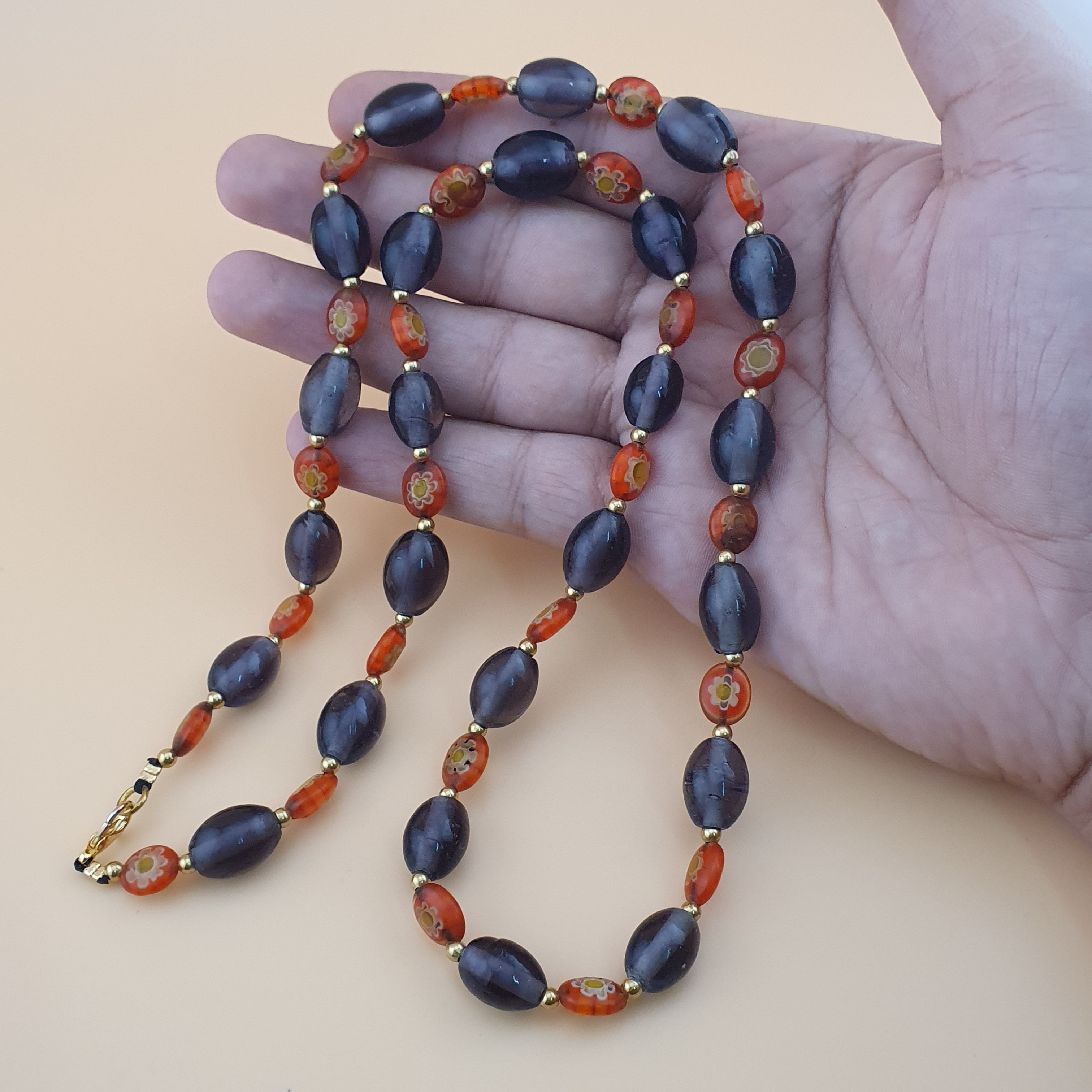 Vintage Venetian Style Orange Floral & Purple Glass beads Necklace
