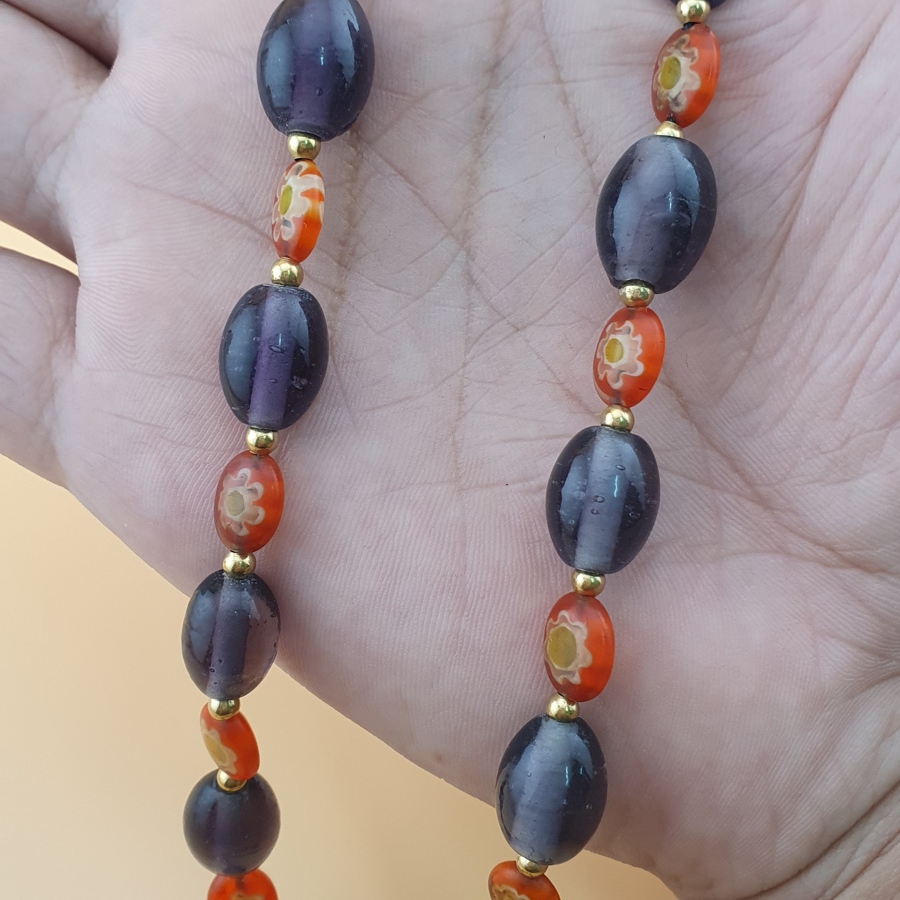 Vintage Venetian Style Orange Floral & Purple Glass beads Necklace