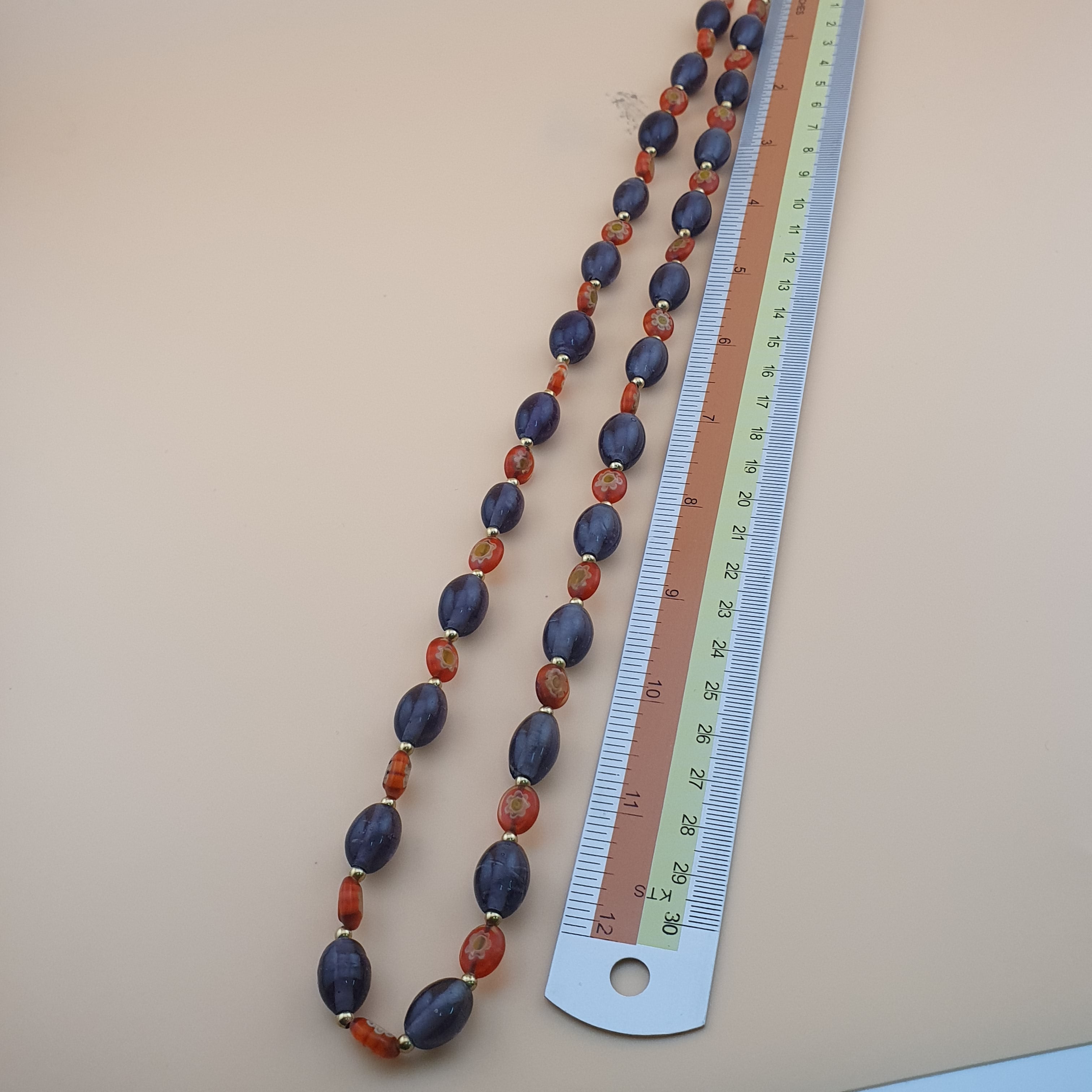 Vintage Venetian Style Orange Floral & Purple Glass beads Necklace