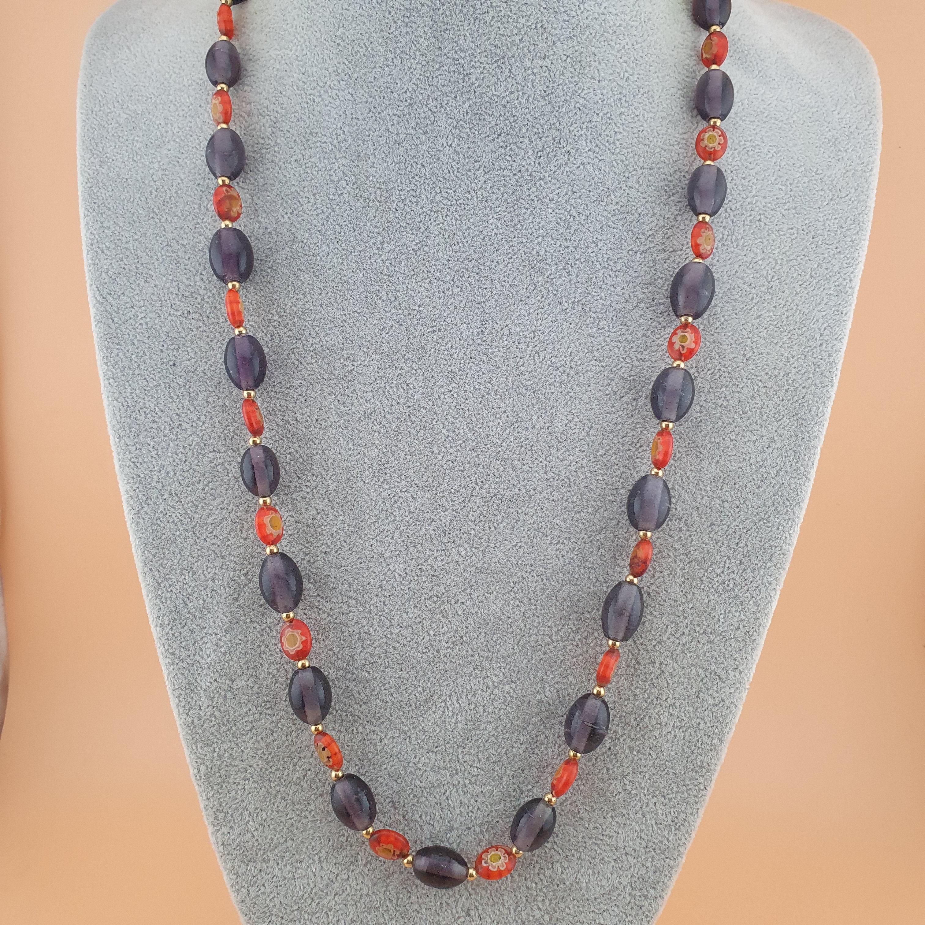 Vintage Venetian Style Orange Floral & Purple Glass beads Necklace