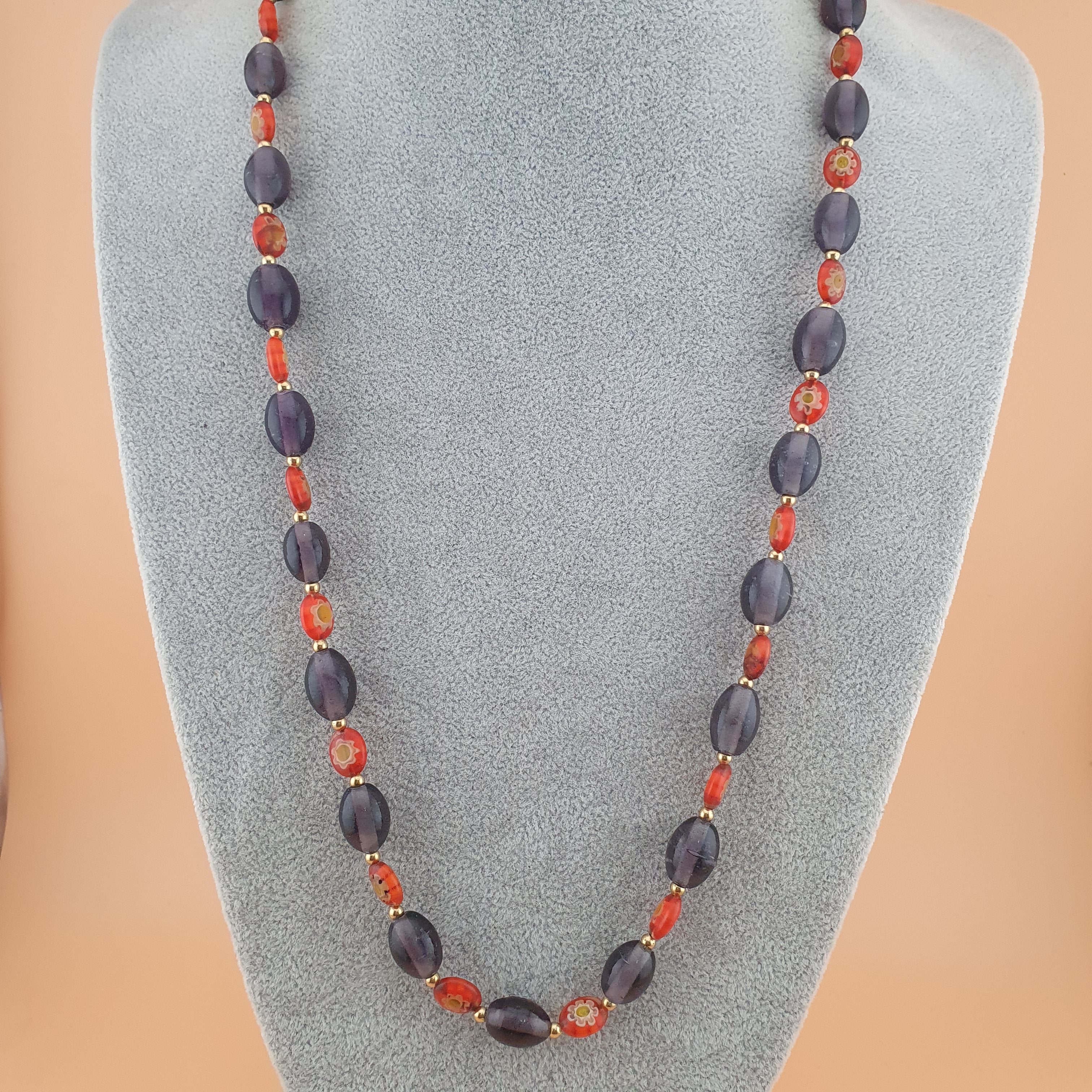 Vintage Venetian Style Orange Floral & Purple Glass beads Necklace
