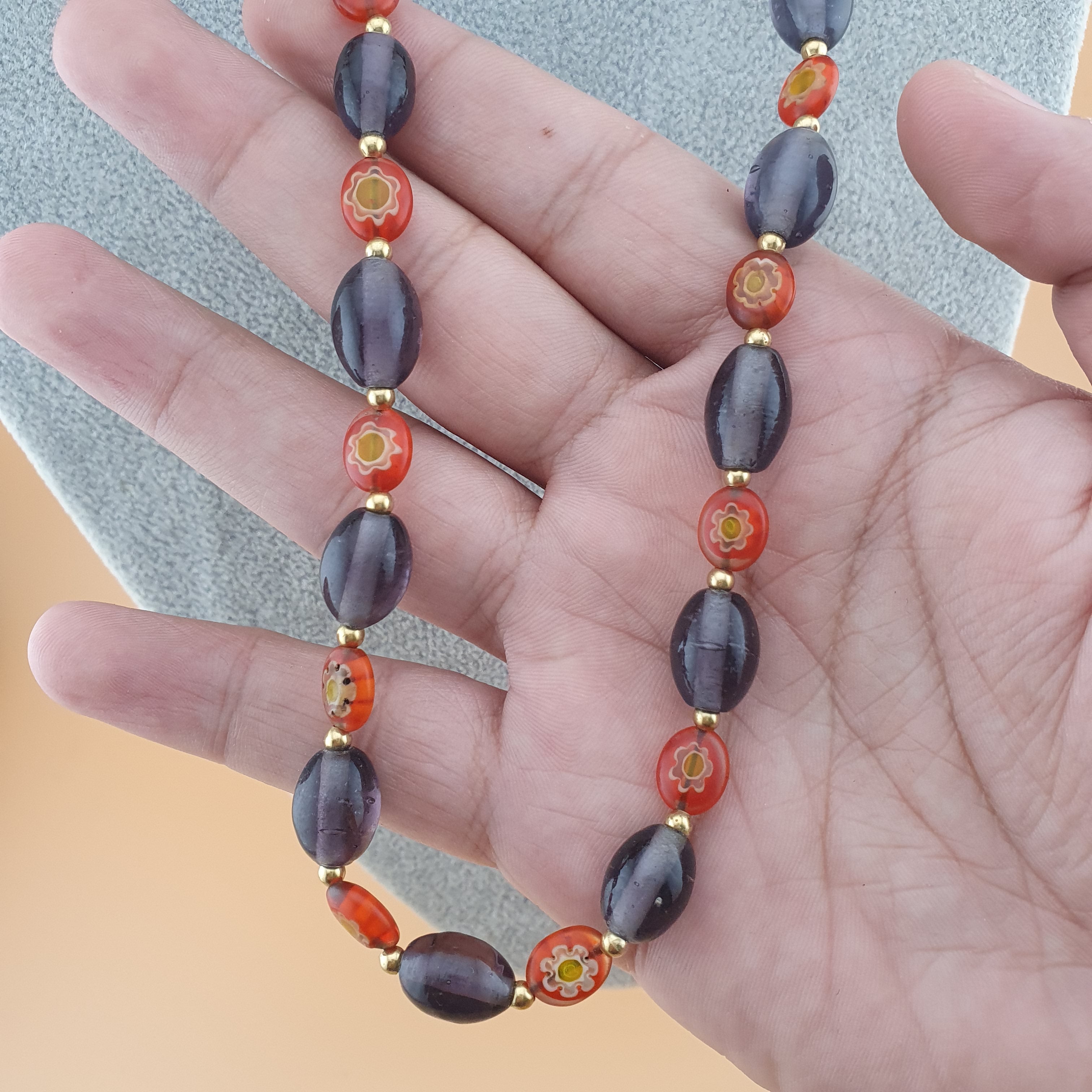 Vintage Venetian Style Orange Floral & Purple Glass beads Necklace