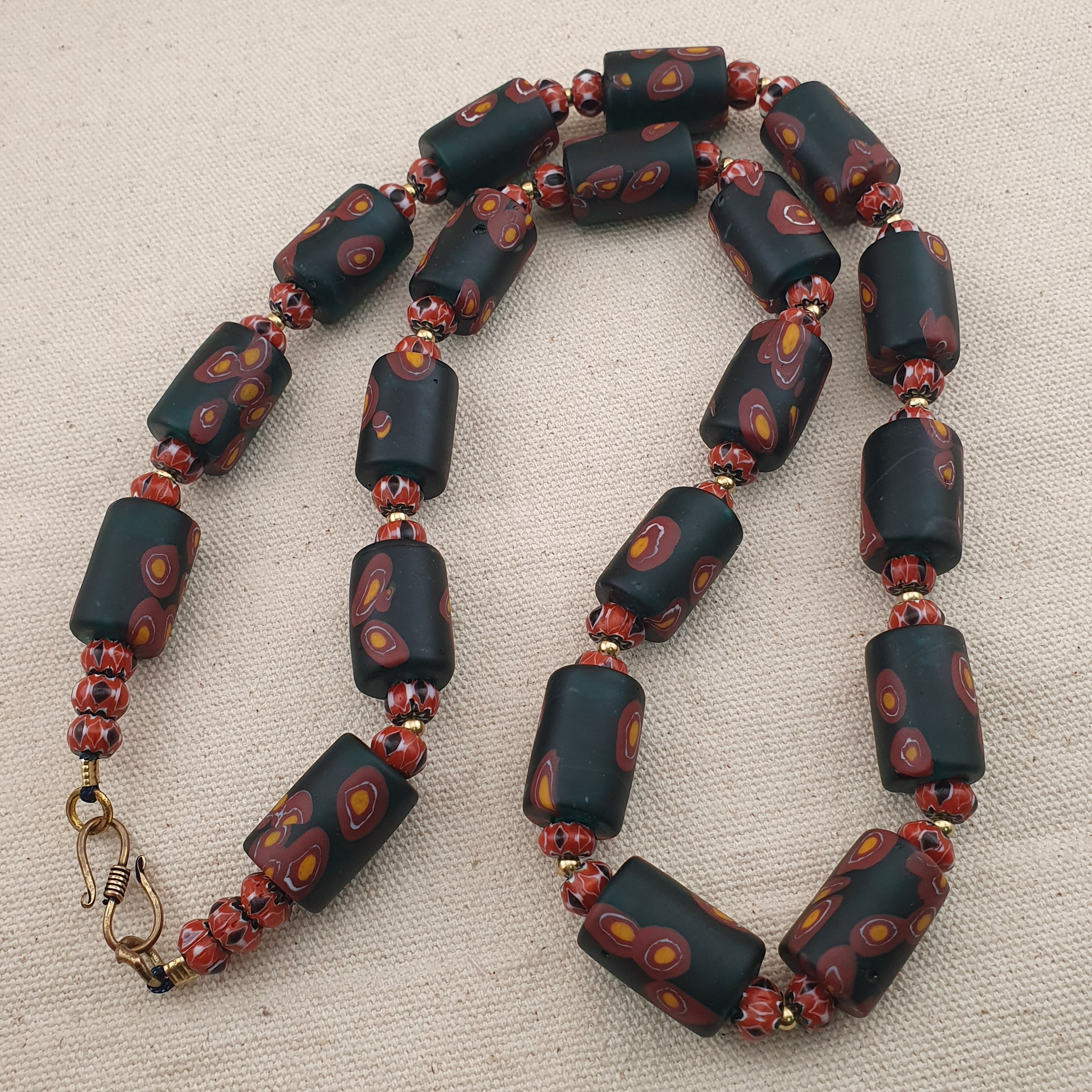 Vintage Venetian Chevron & Floral Glass Beads Necklace