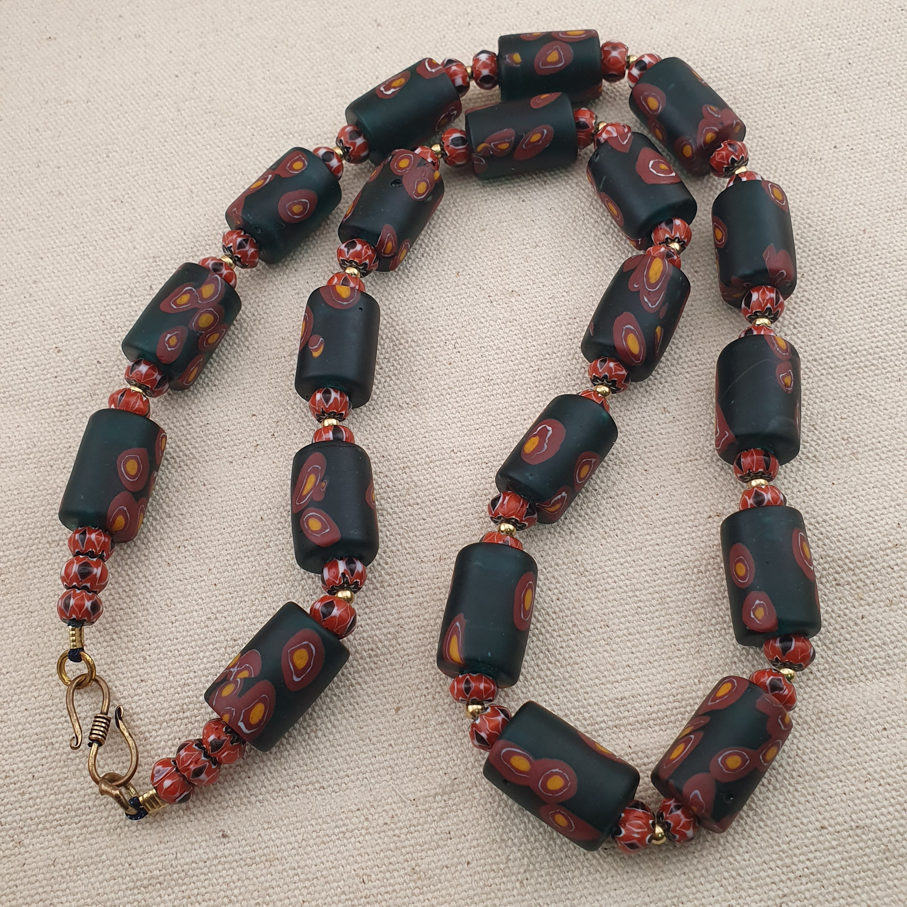 Vintage Venetian Chevron & Floral Glass Beads Necklace