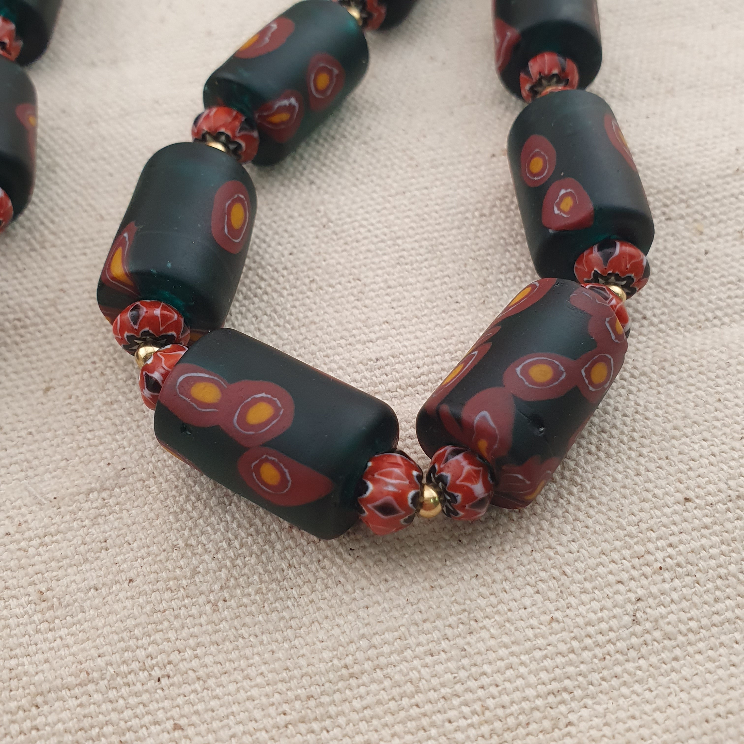 Vintage Venetian Chevron & Floral Glass Beads Necklace