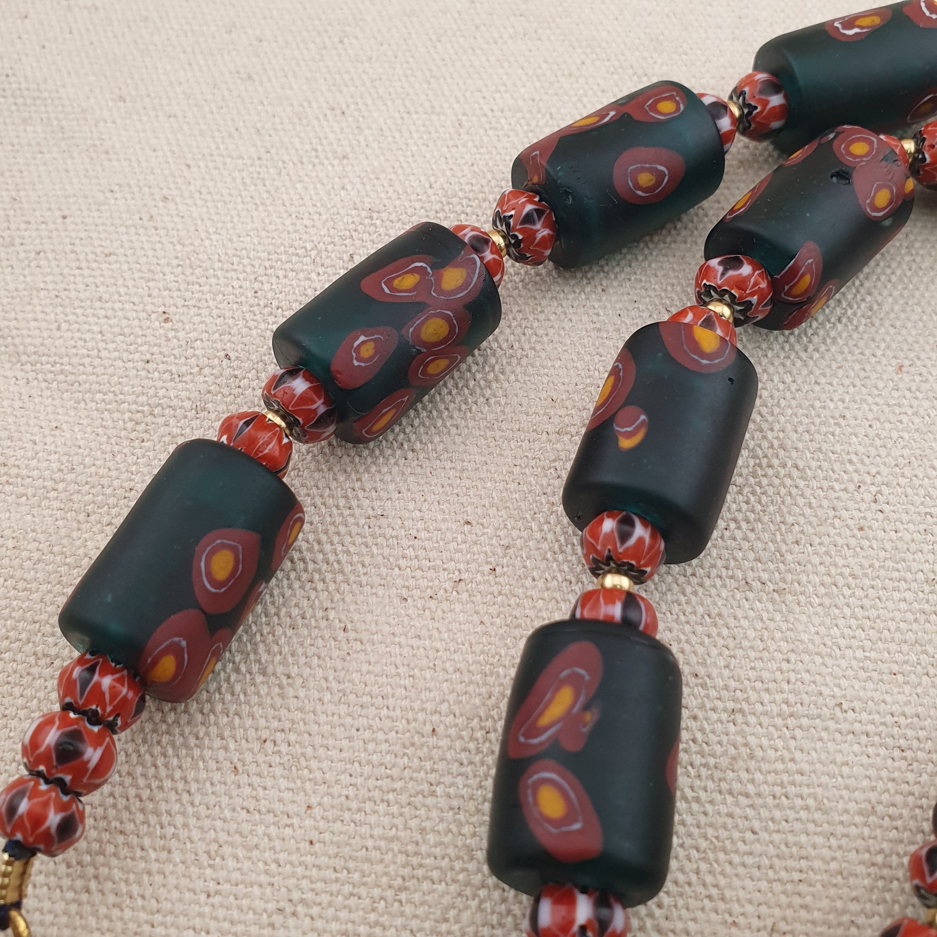 Vintage Venetian Chevron & Floral Glass Beads Necklace