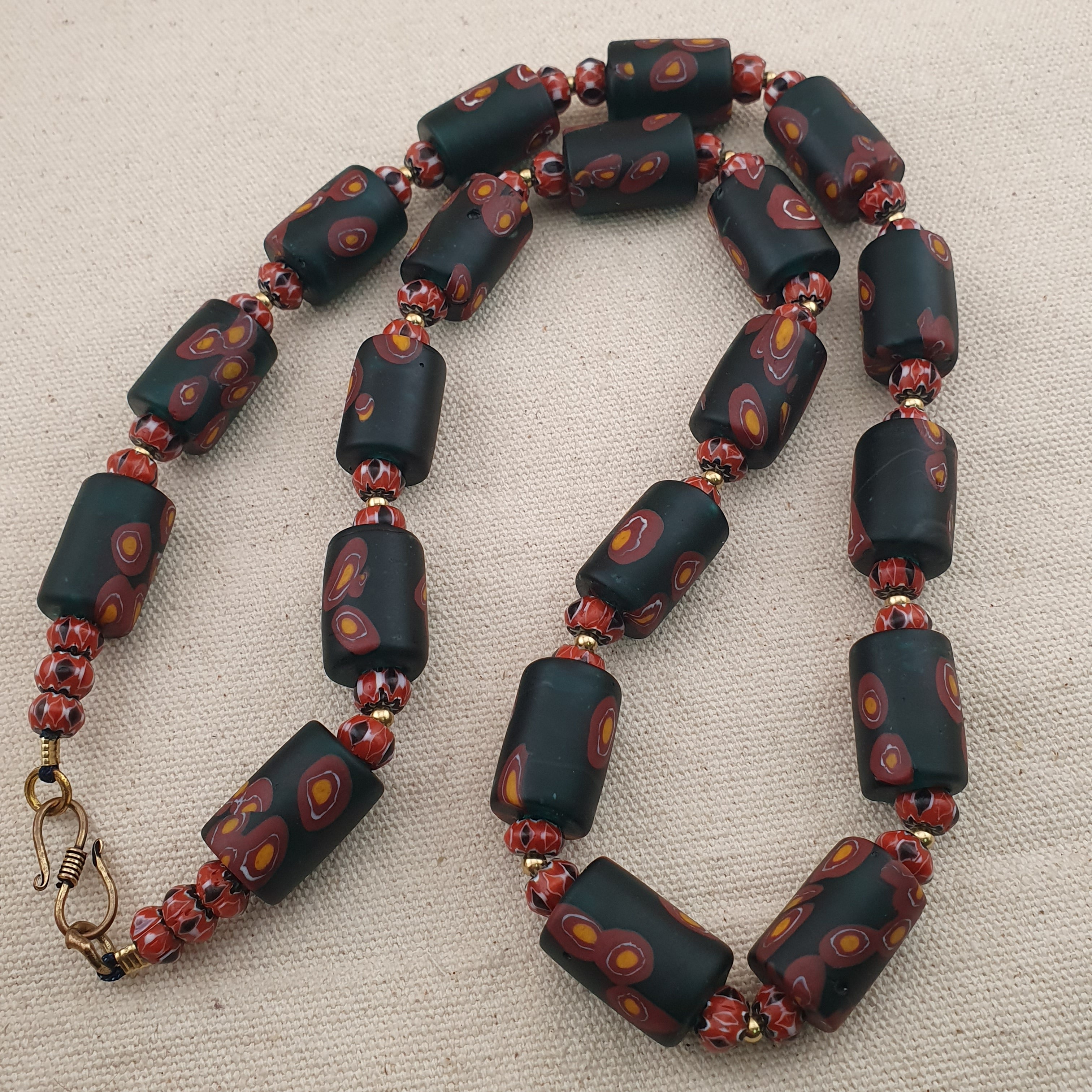 Vintage Venetian Chevron & Floral Glass Beads Necklace