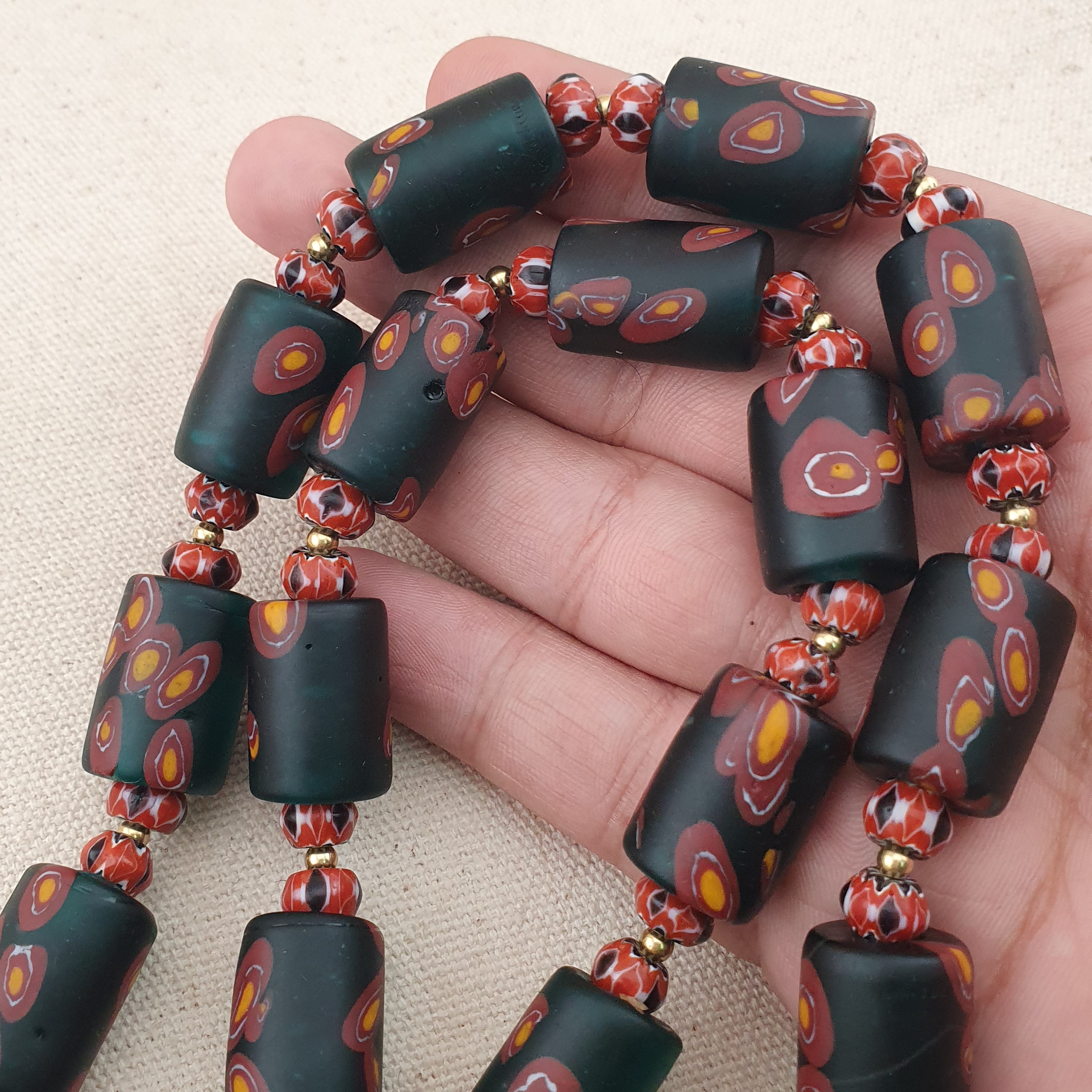 Vintage Venetian Chevron & Floral Glass Beads Necklace