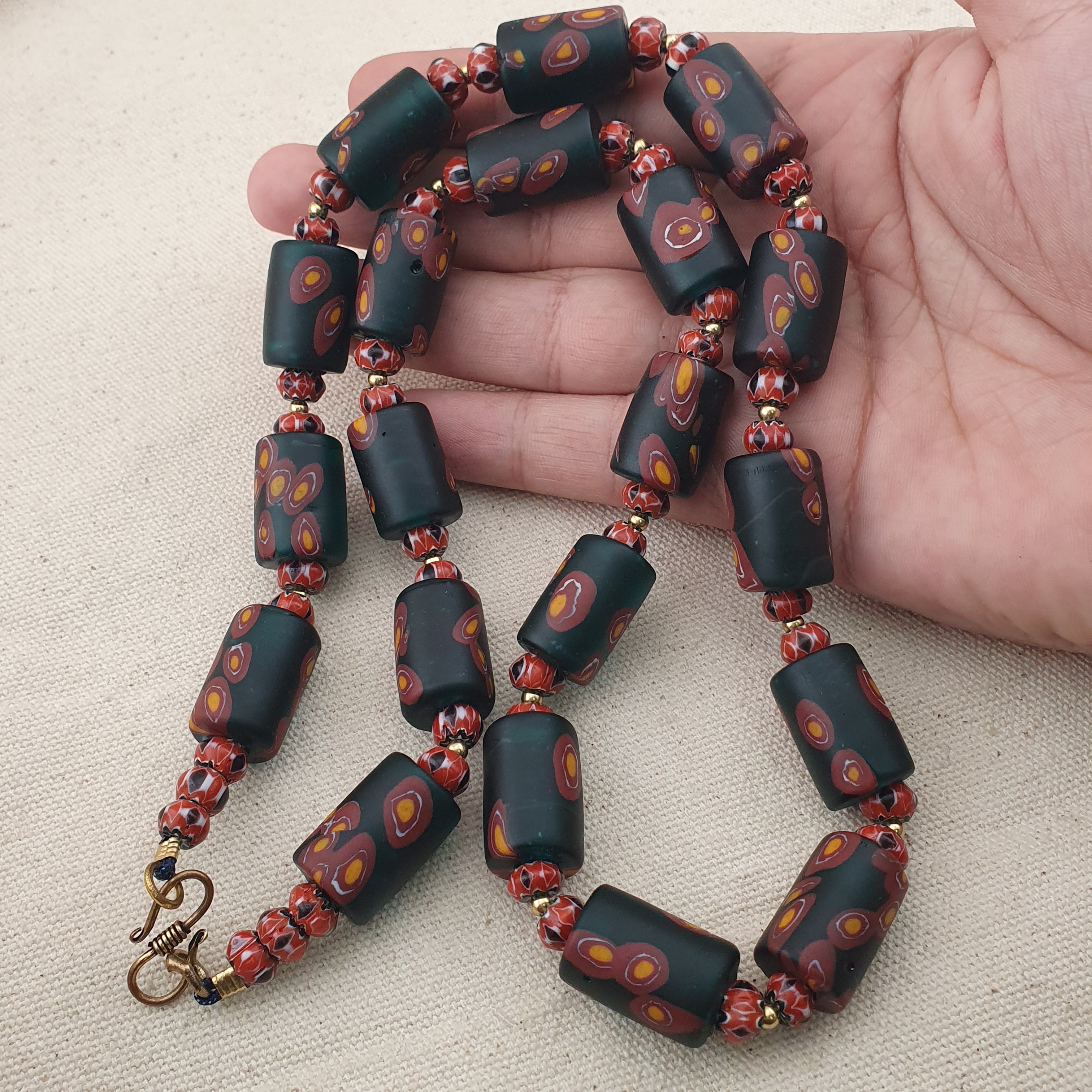 Vintage Venetian Chevron & Floral Glass Beads Necklace