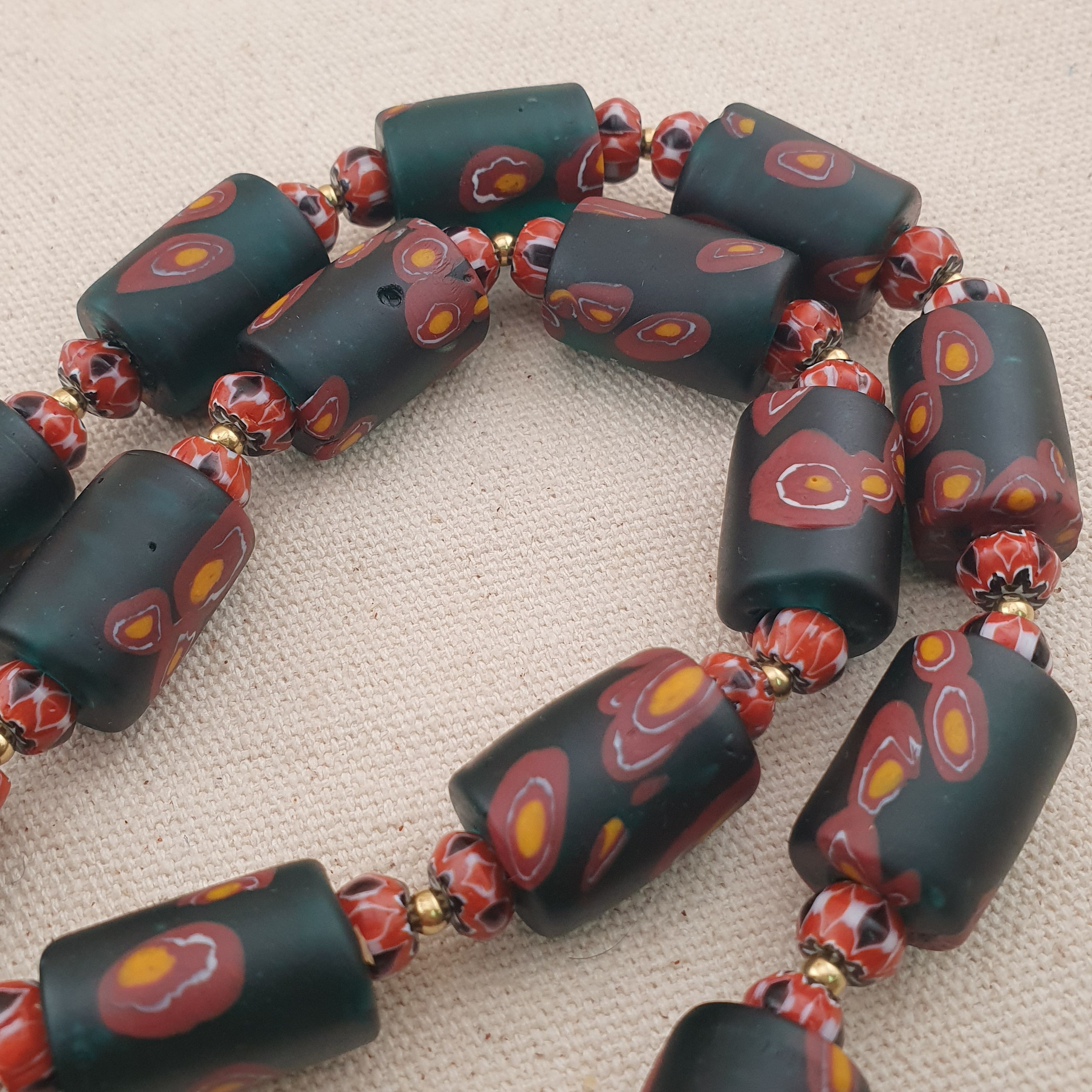 Vintage Venetian Chevron & Floral Glass Beads Necklace