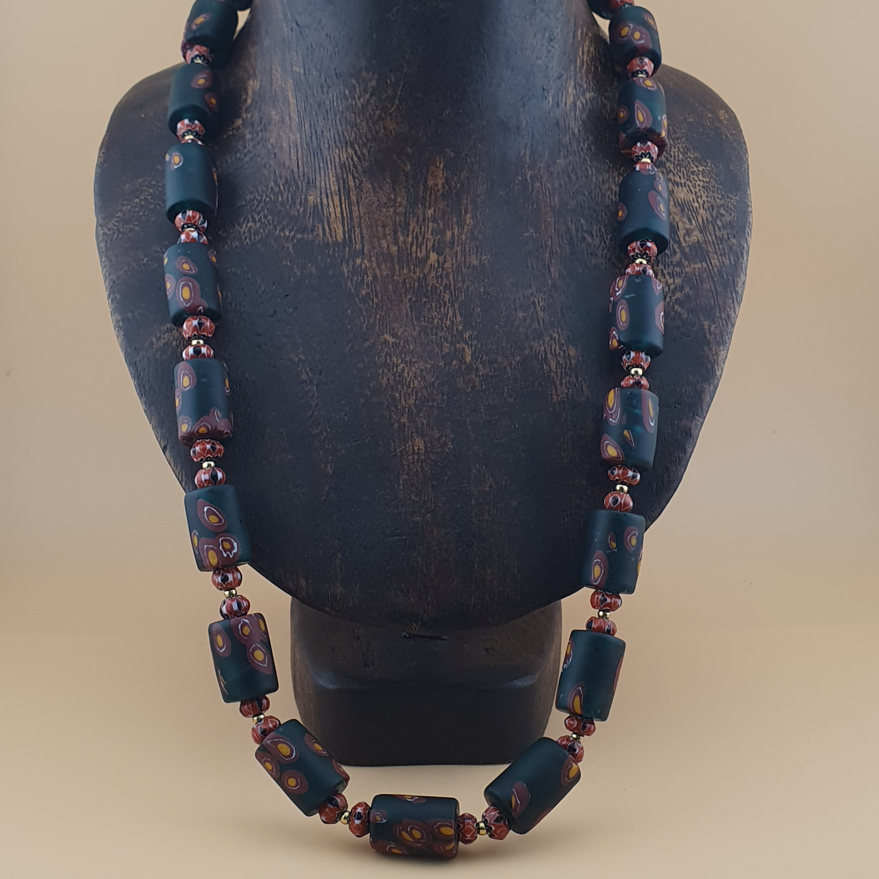 Vintage Venetian Chevron & Floral Glass Beads Necklace