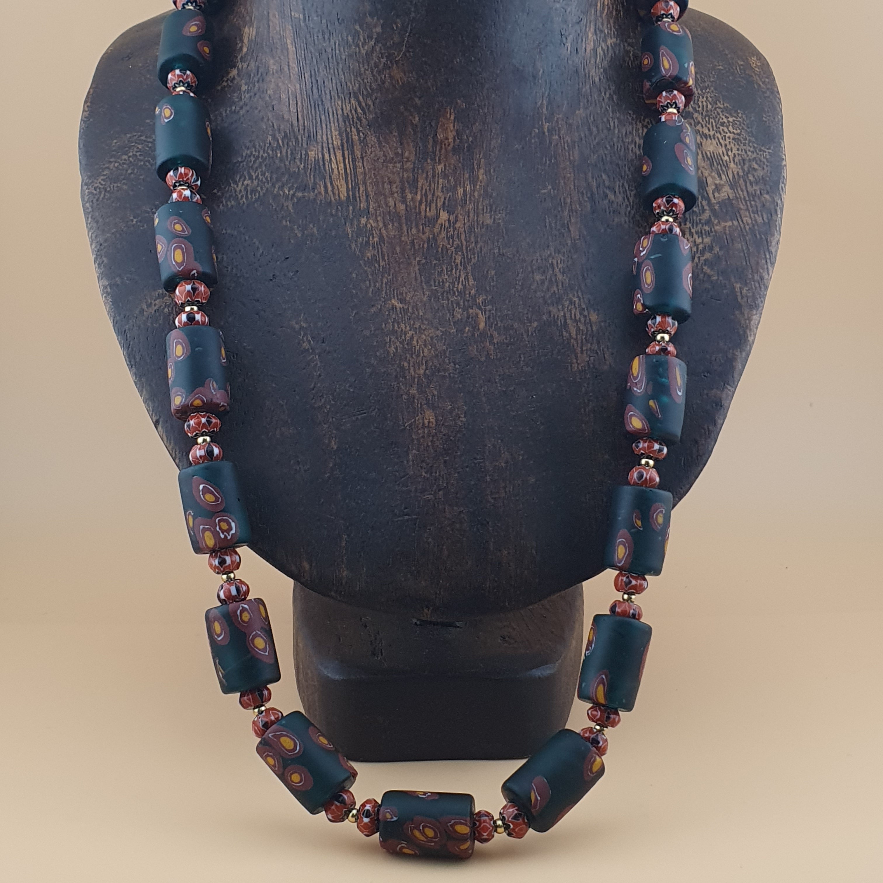 Vintage Venetian Chevron & Floral Glass Beads Necklace