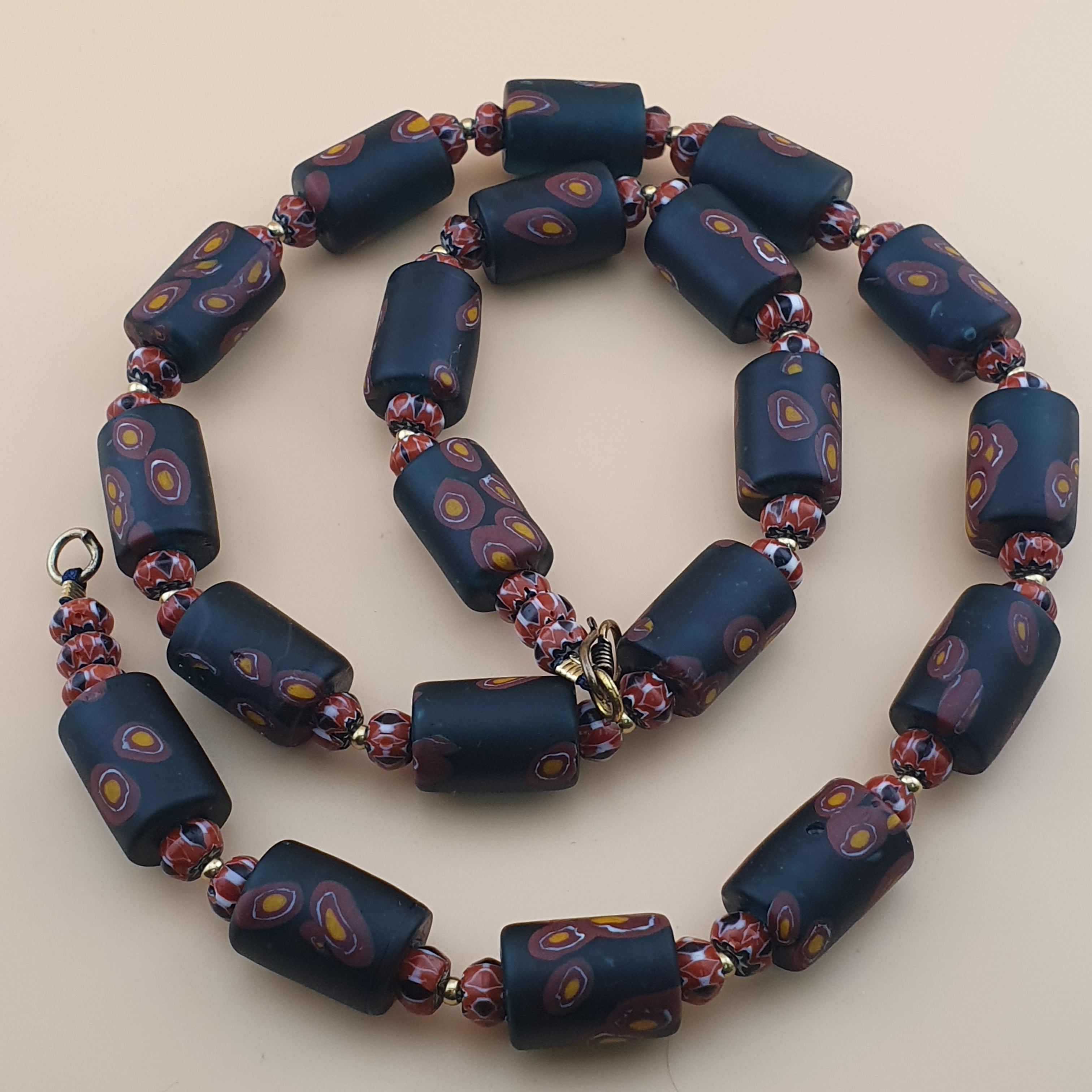 Vintage Venetian Chevron & Floral Glass Beads Necklace