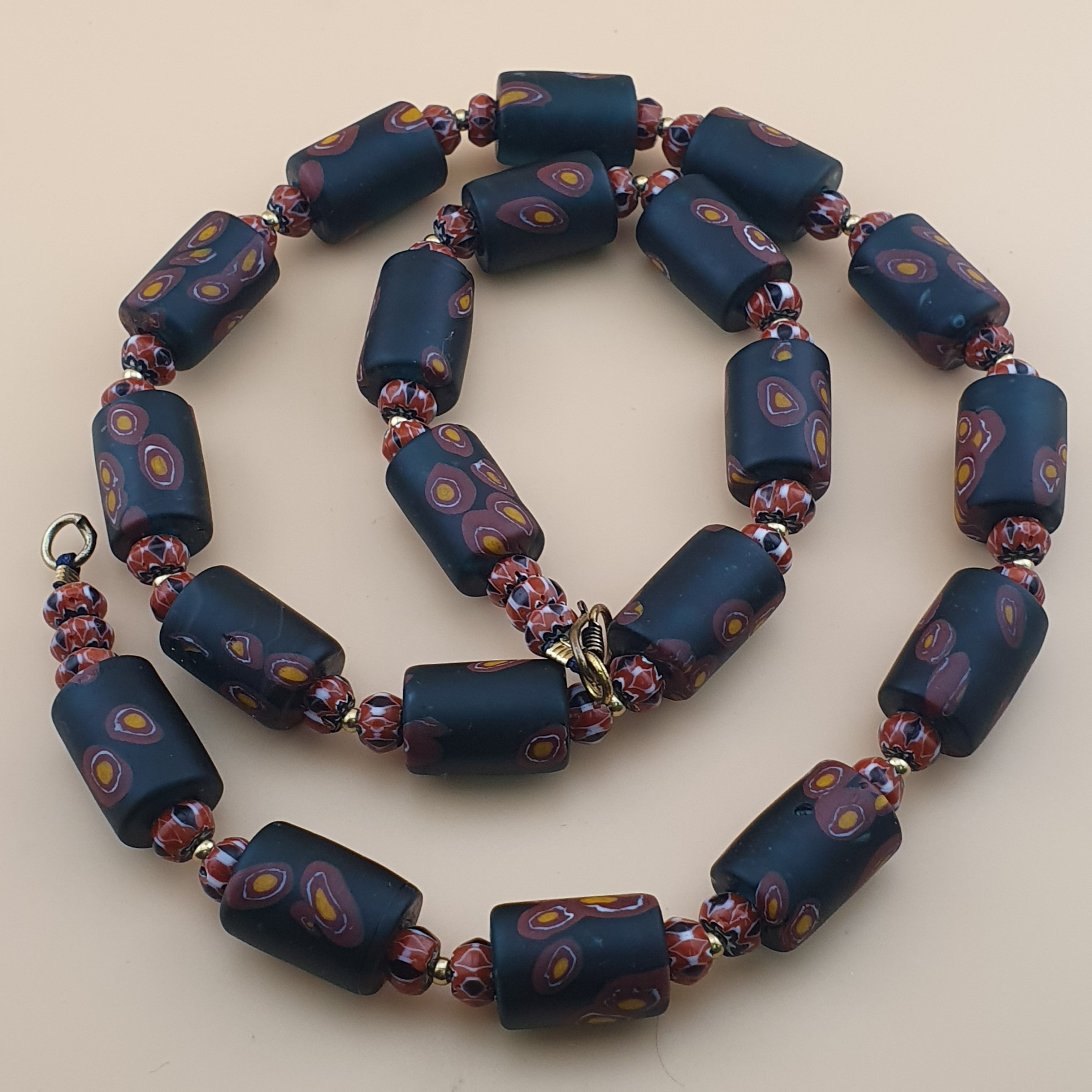 Vintage Venetian Chevron & Floral Glass Beads Necklace