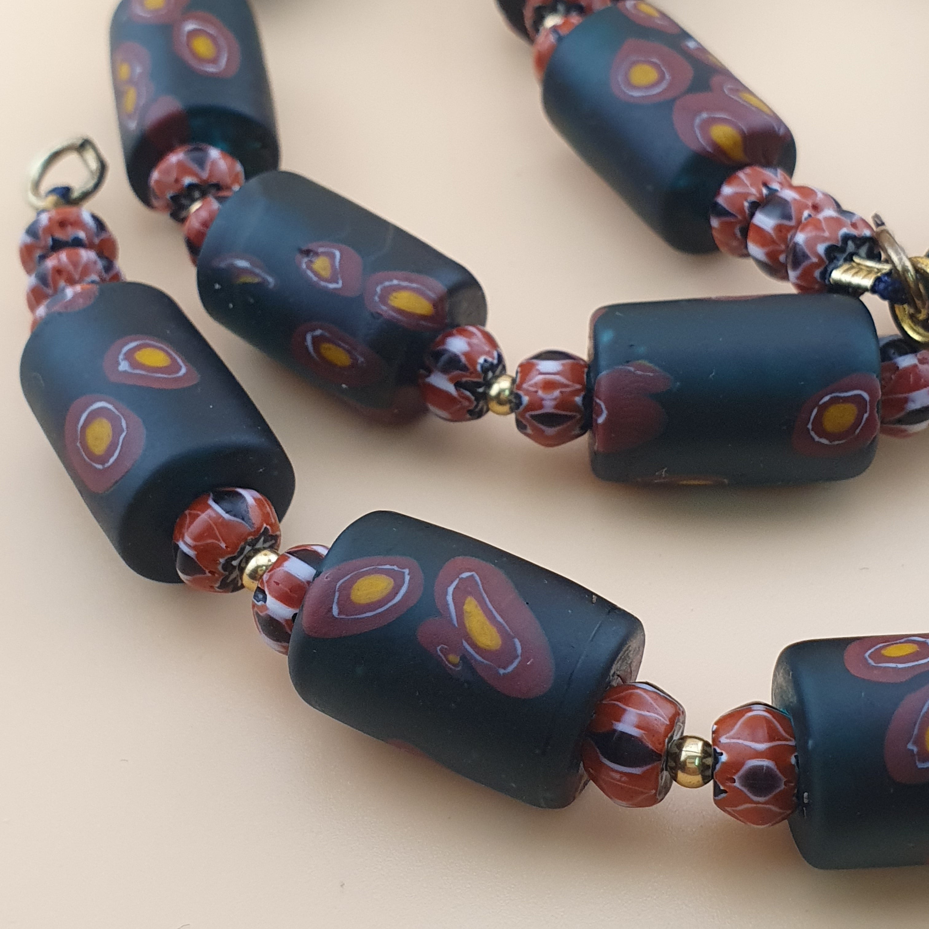 Vintage Venetian Chevron & Floral Glass Beads Necklace