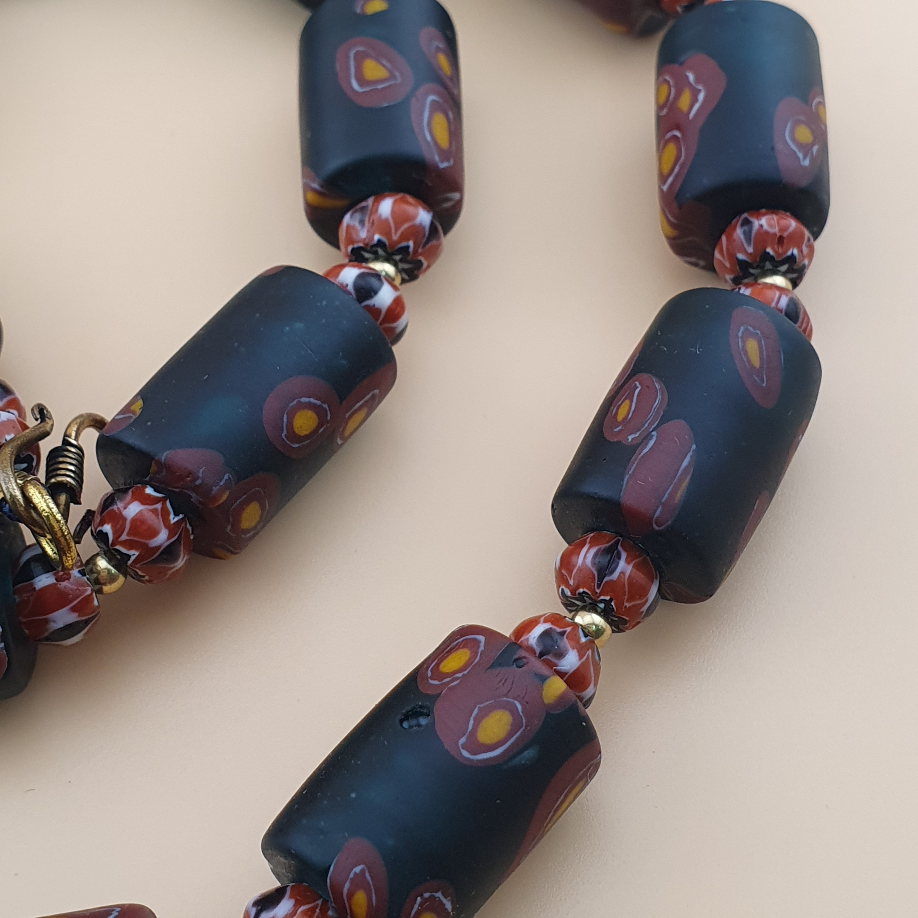 Vintage Venetian Chevron & Floral Glass Beads Necklace