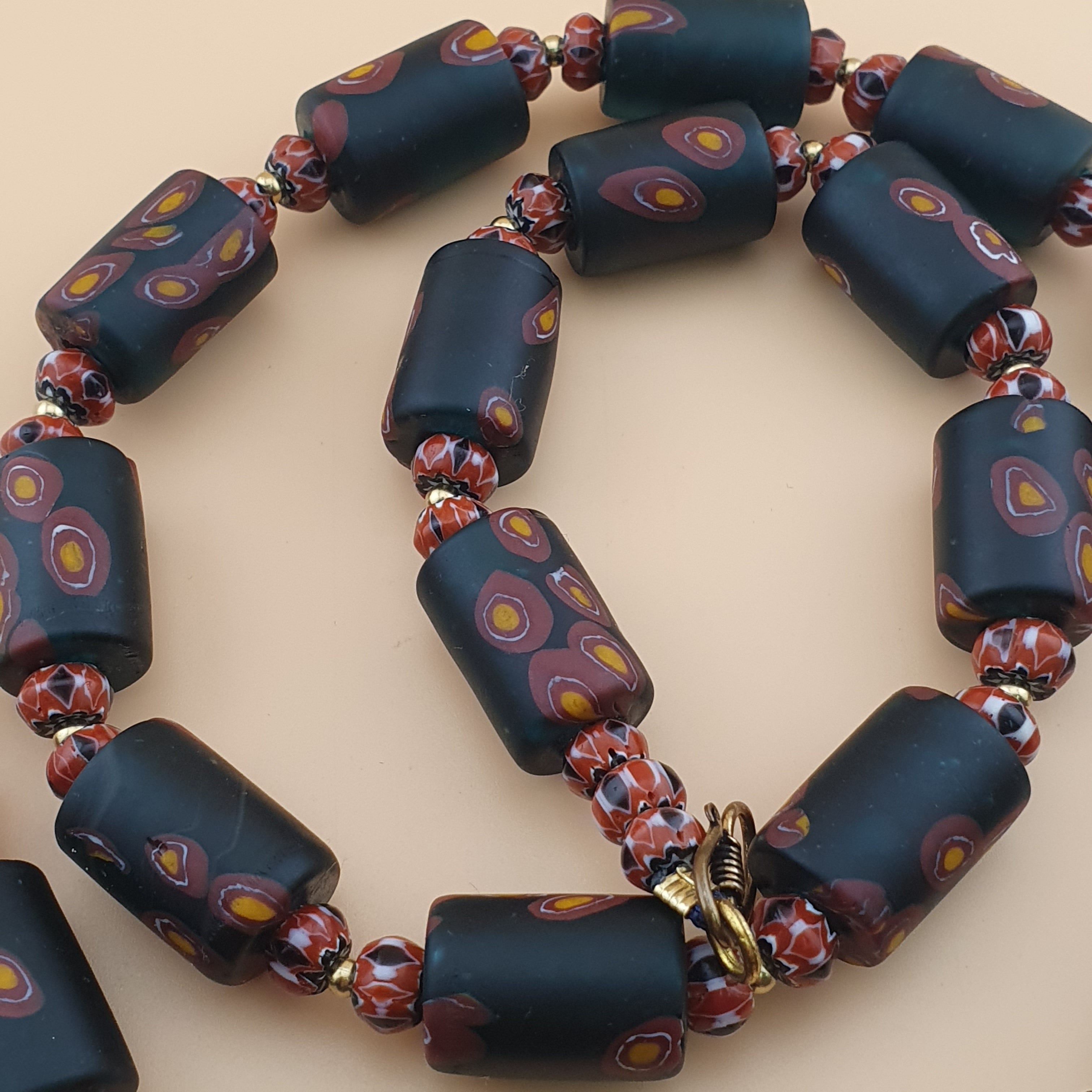 Vintage Venetian Chevron & Floral Glass Beads Necklace