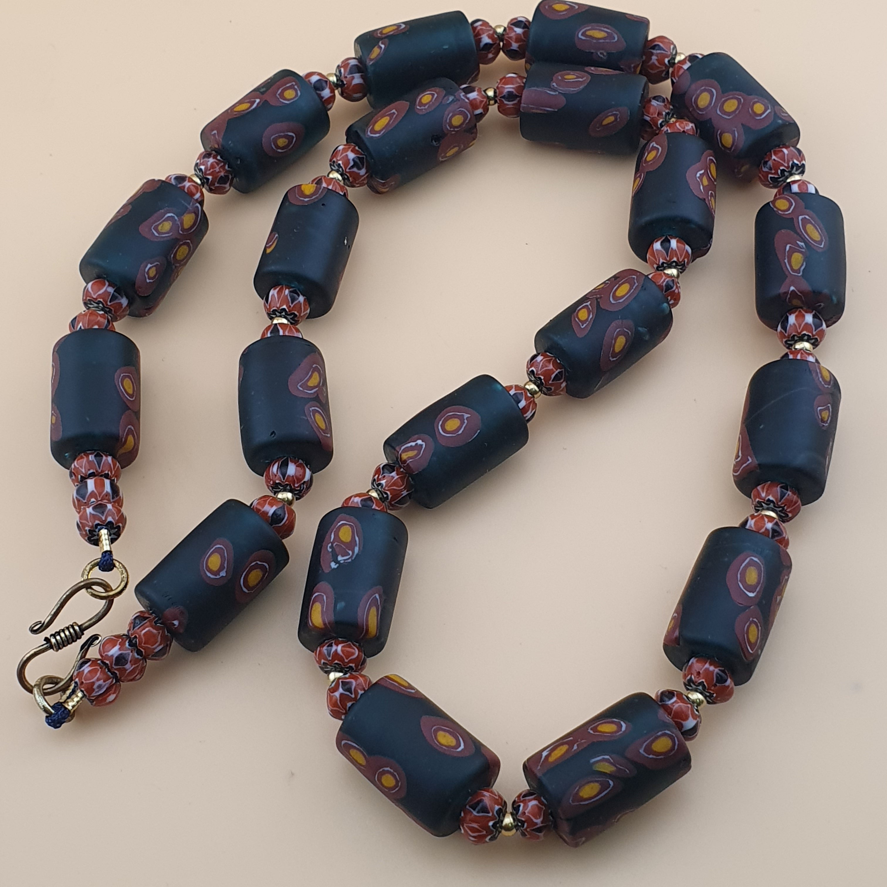 Vintage Venetian Chevron & Floral Glass Beads Necklace