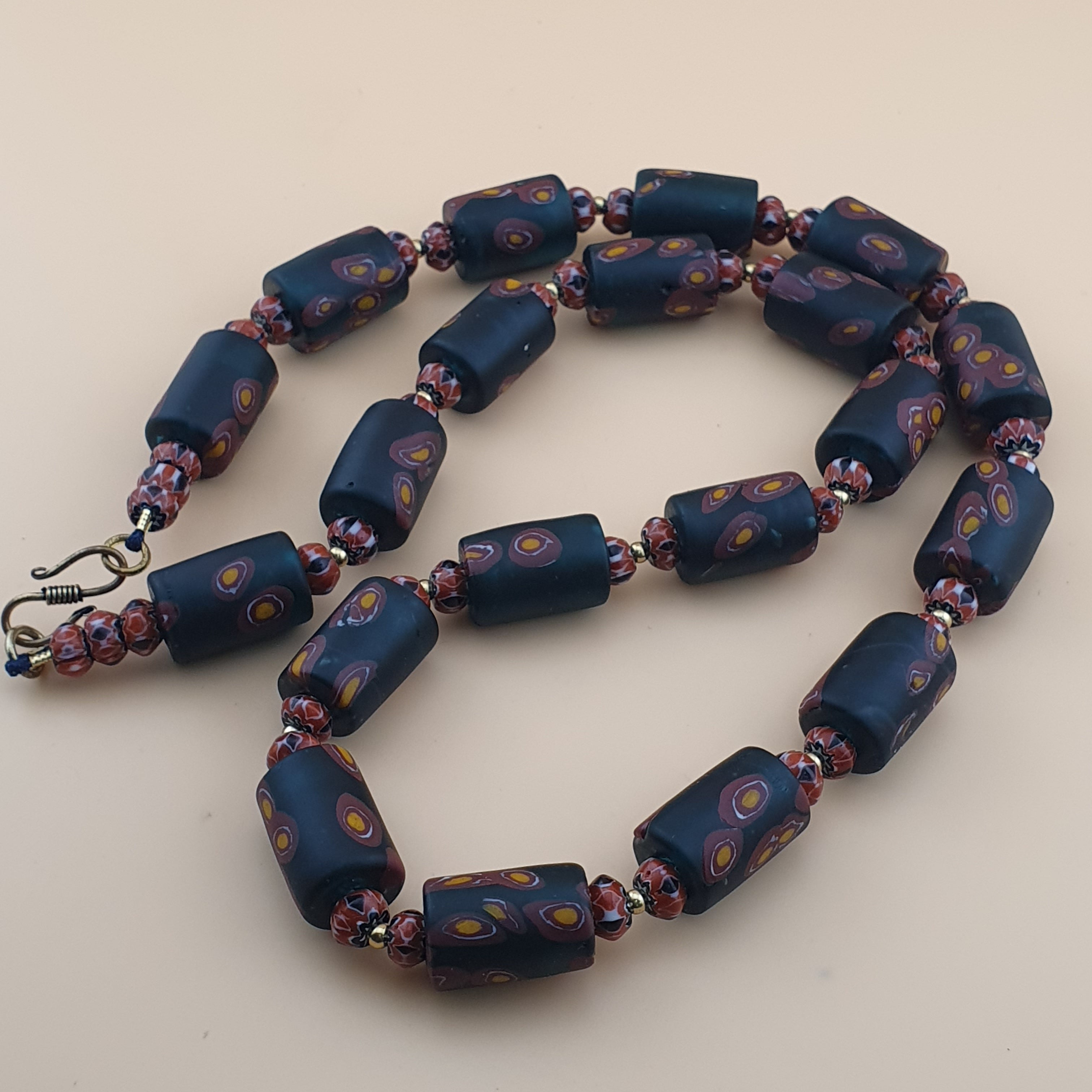 Vintage Venetian Chevron & Floral Glass Beads Necklace