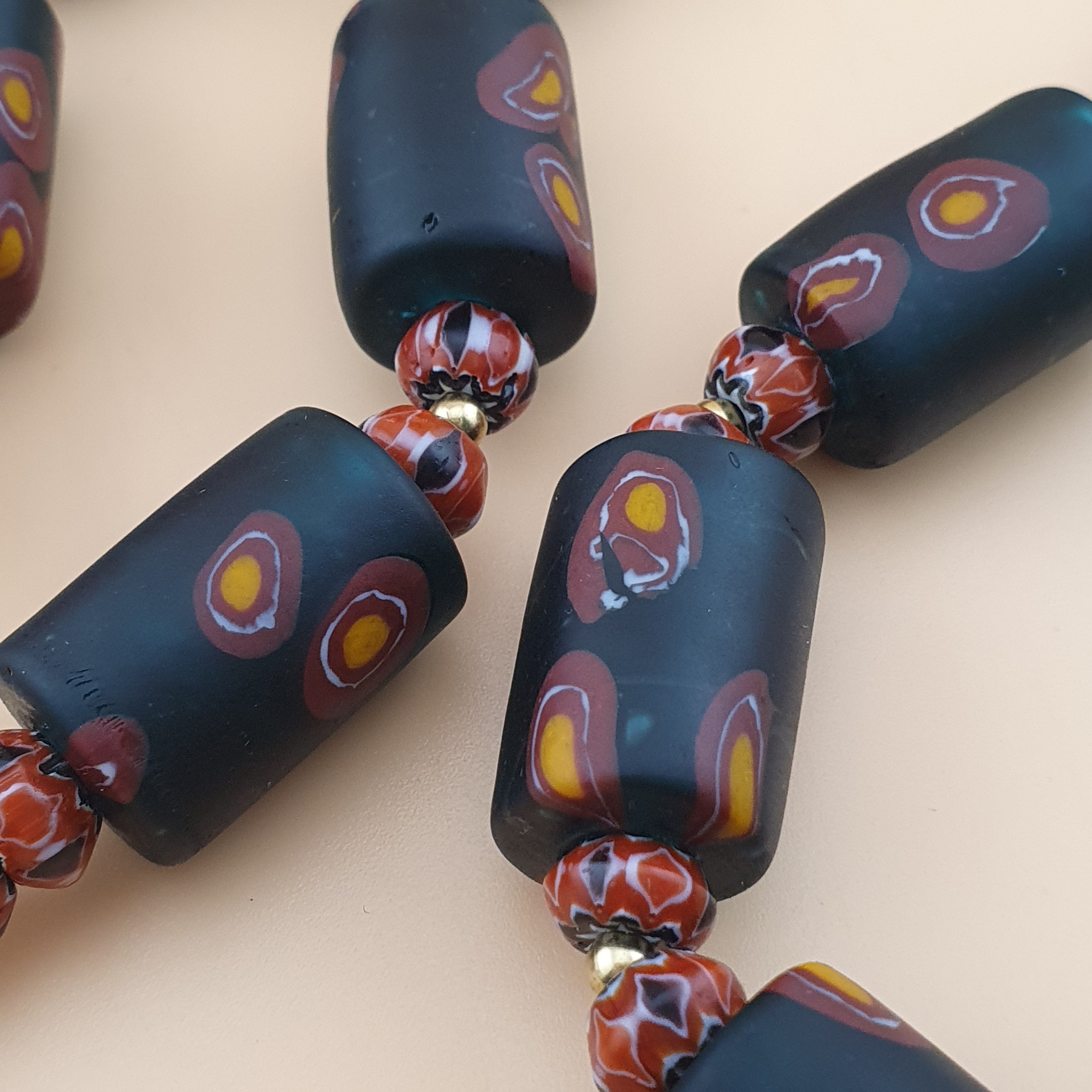 Vintage Venetian Chevron & Floral Glass Beads Necklace