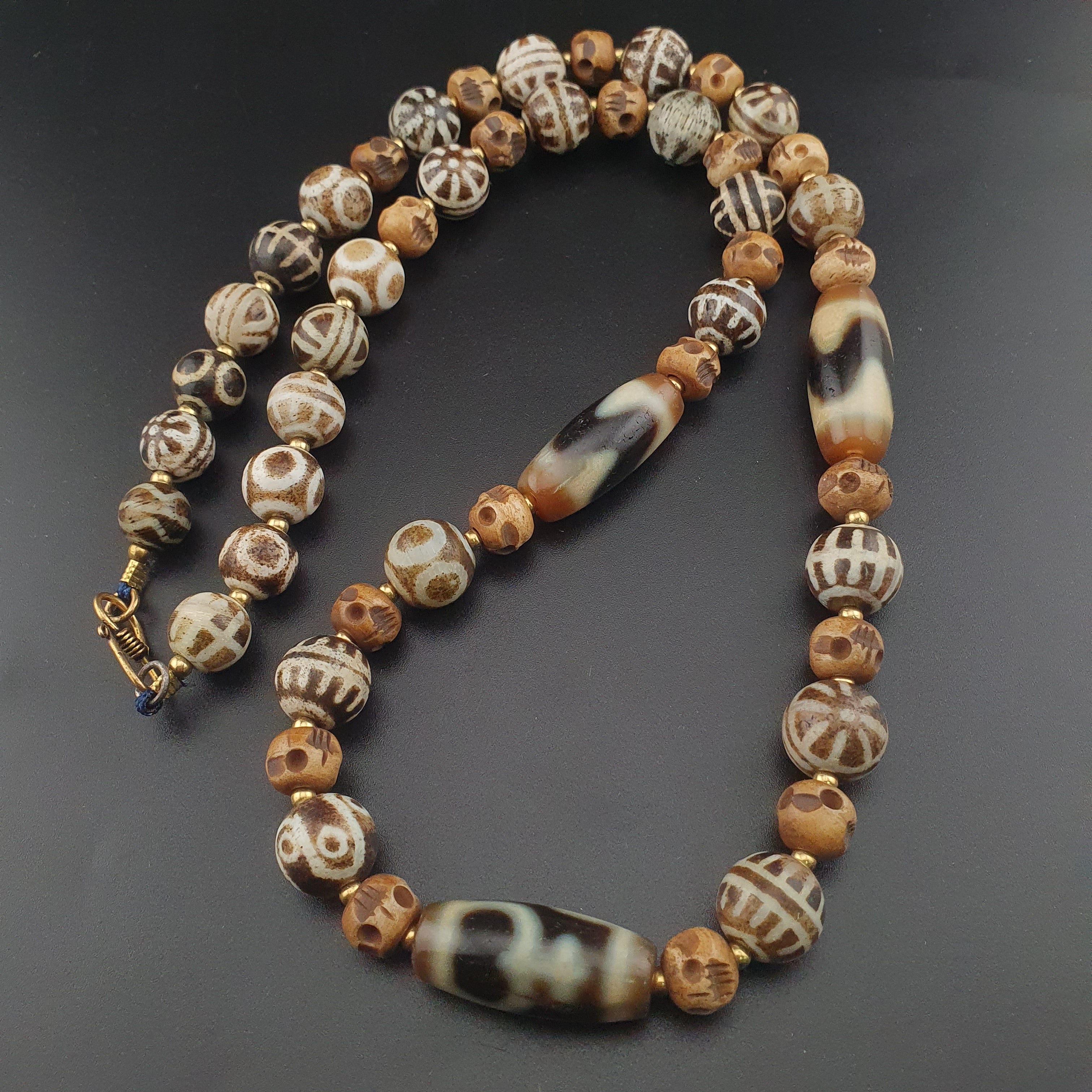 Vintage Tibetan Himalayan Agate & Brumese Antique Pumtek Bone Beaded Necklace