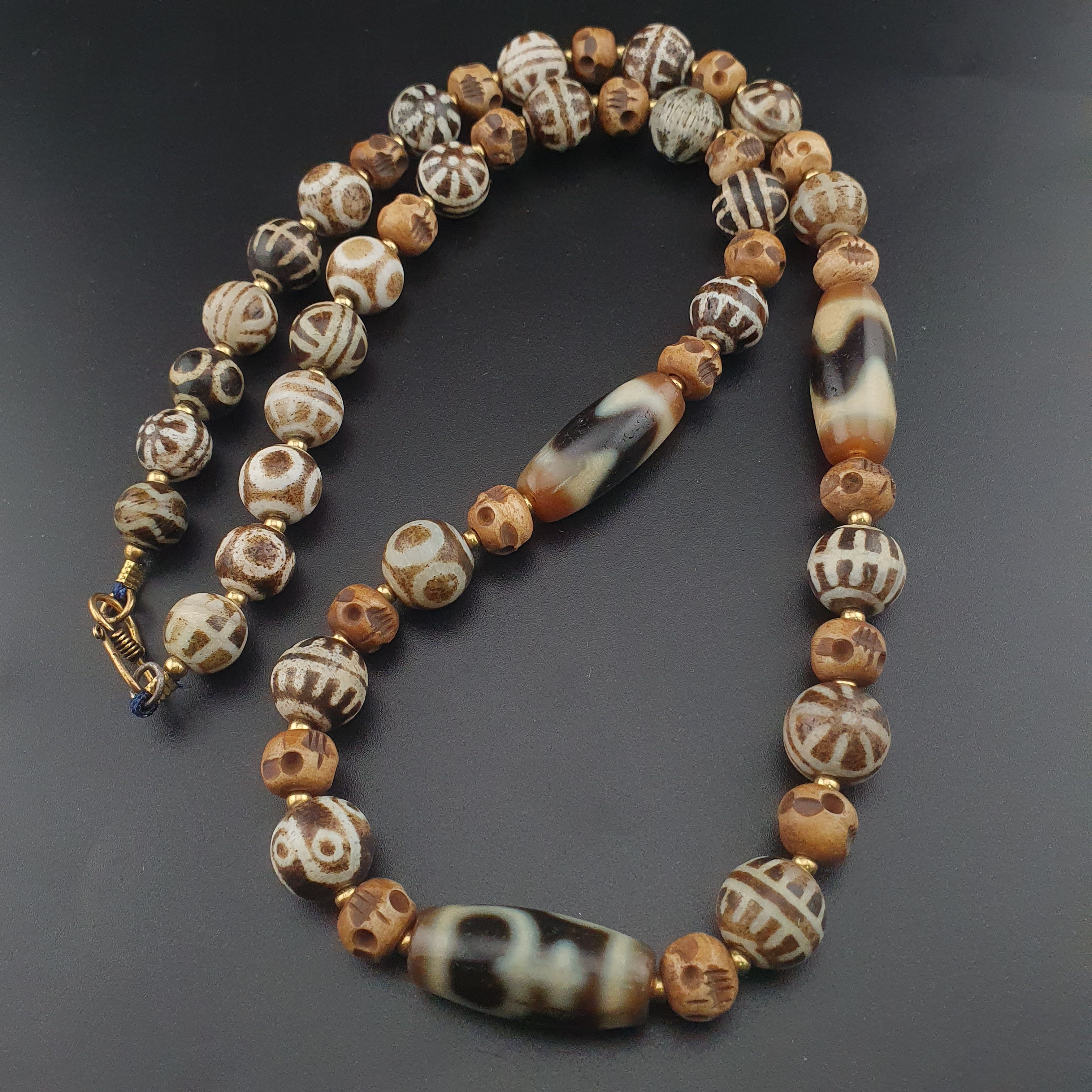 Vintage Tibetan Himalayan Agate & Brumese Antique Pumtek Bone Beaded Necklace