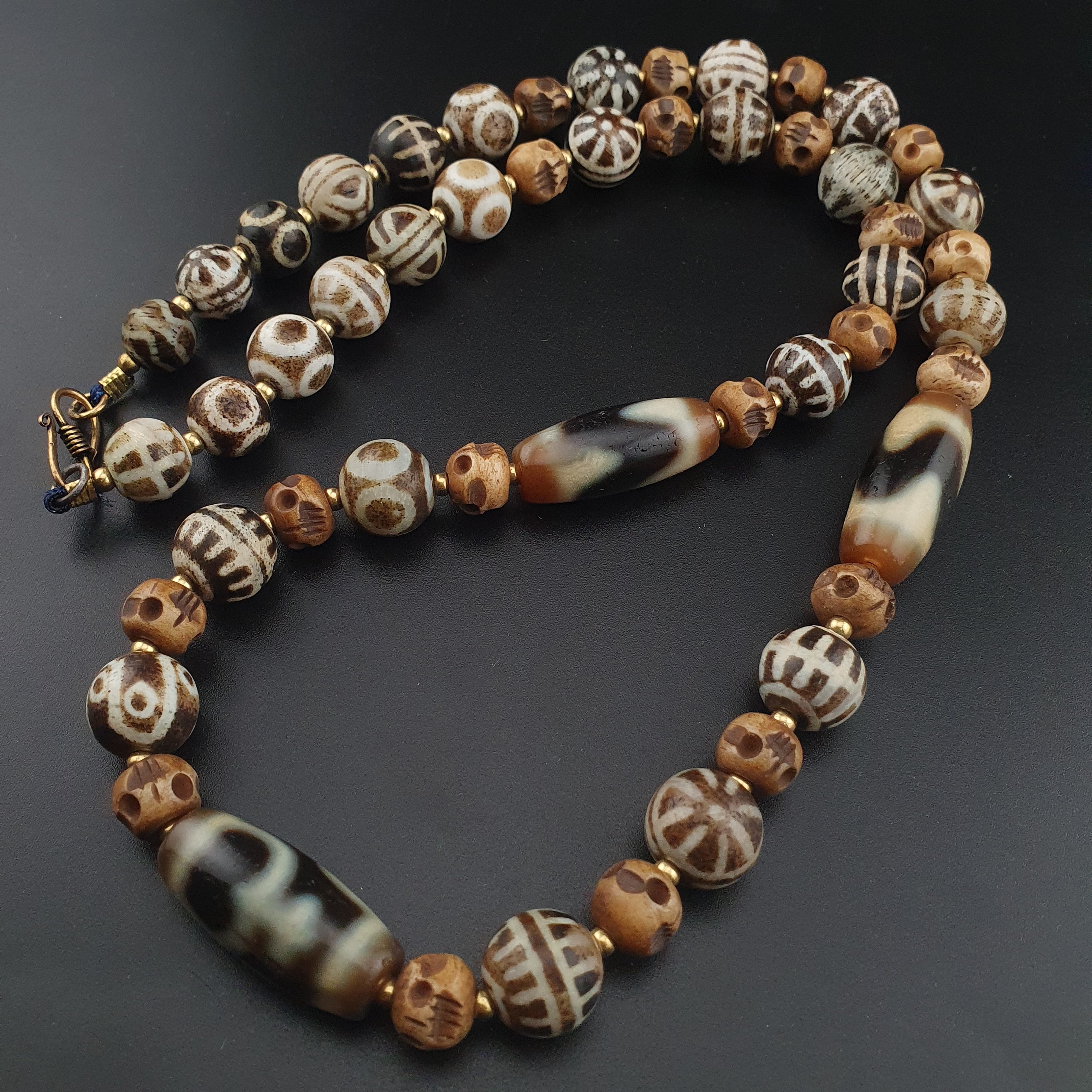 Vintage Tibetan Himalayan Agate & Brumese Antique Pumtek Bone Beaded Necklace