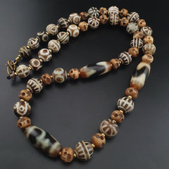 Vintage Tibetan Himalayan Agate & Brumese Antique Pumtek Bone Beaded Necklace