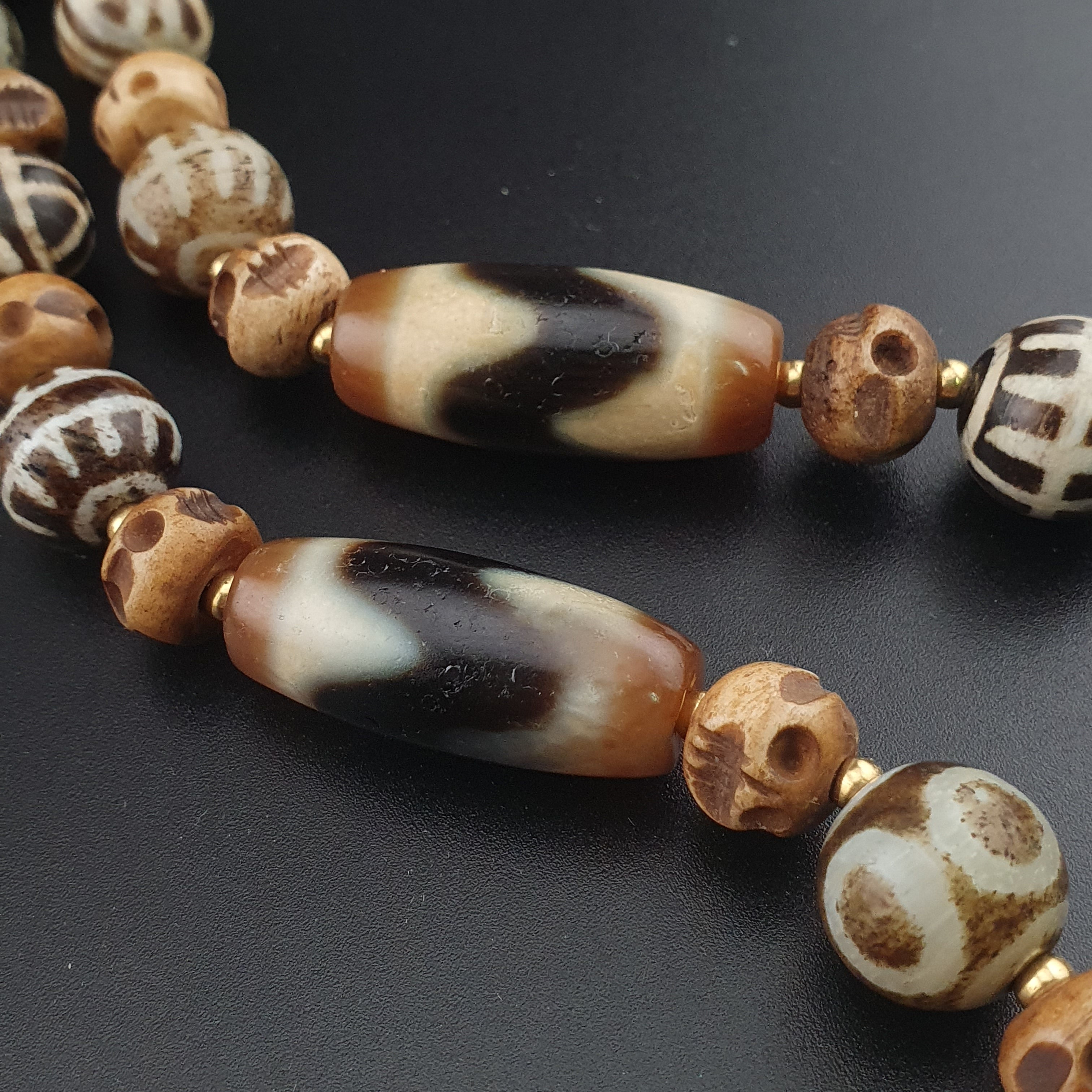 Vintage Tibetan Himalayan Agate & Brumese Antique Pumtek Bone Beaded Necklace
