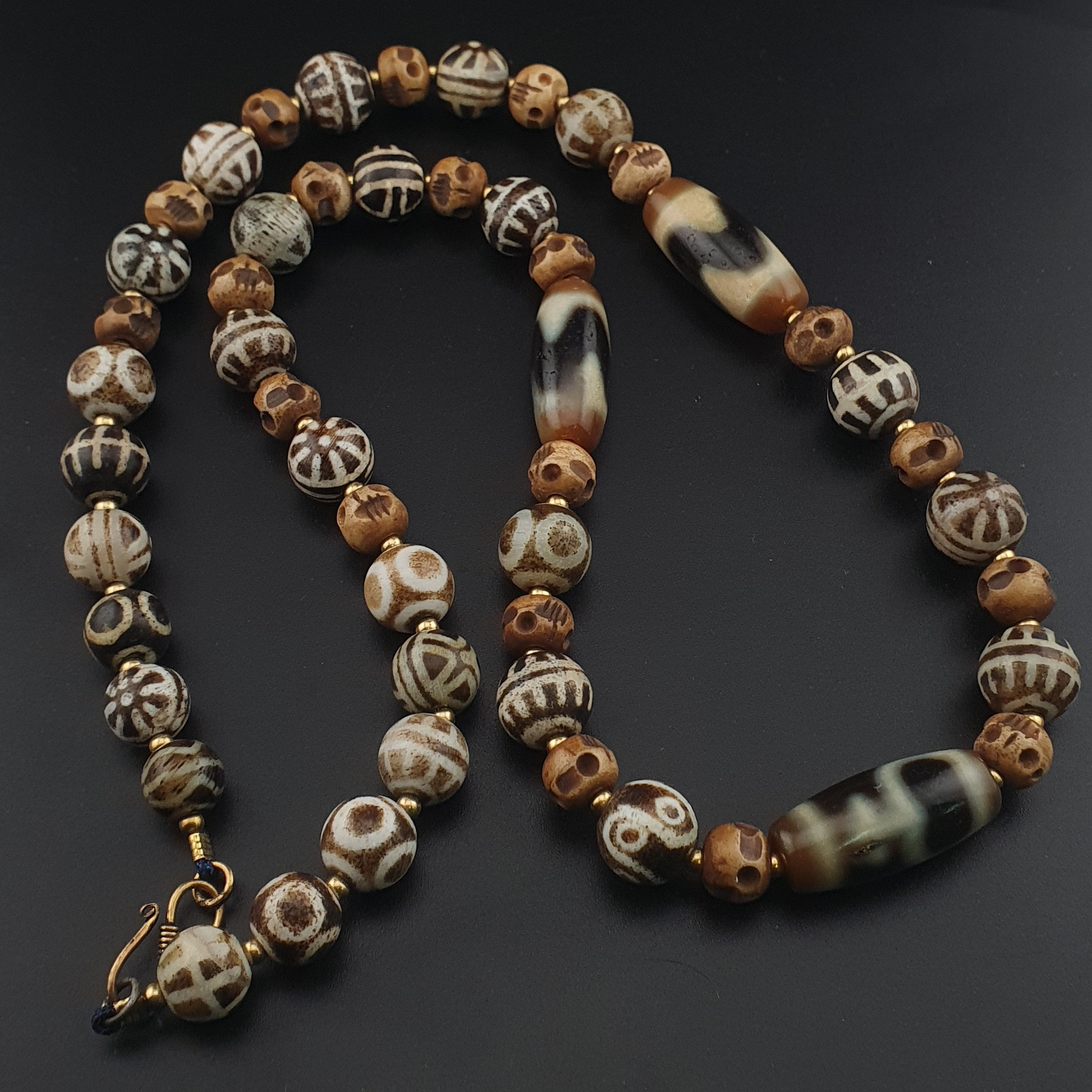 Vintage Tibetan Himalayan Agate & Brumese Antique Pumtek Bone Beaded Necklace