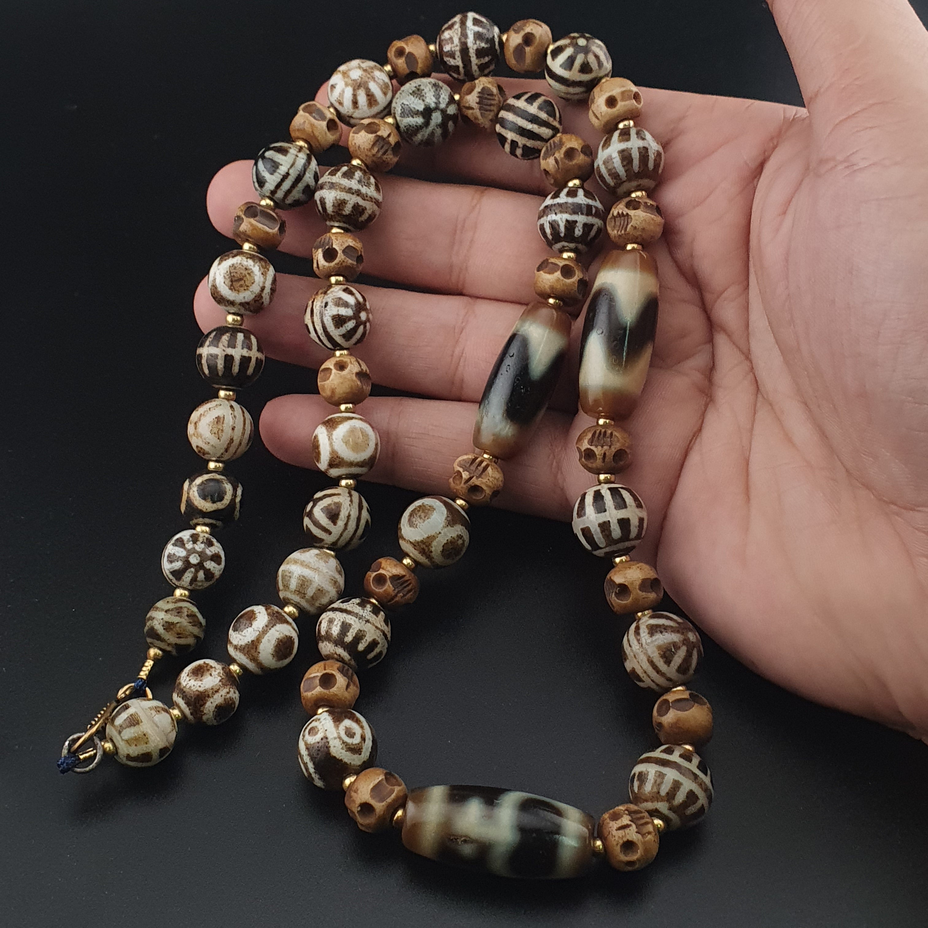 Vintage Tibetan Himalayan Agate & Brumese Antique Pumtek Bone Beaded Necklace