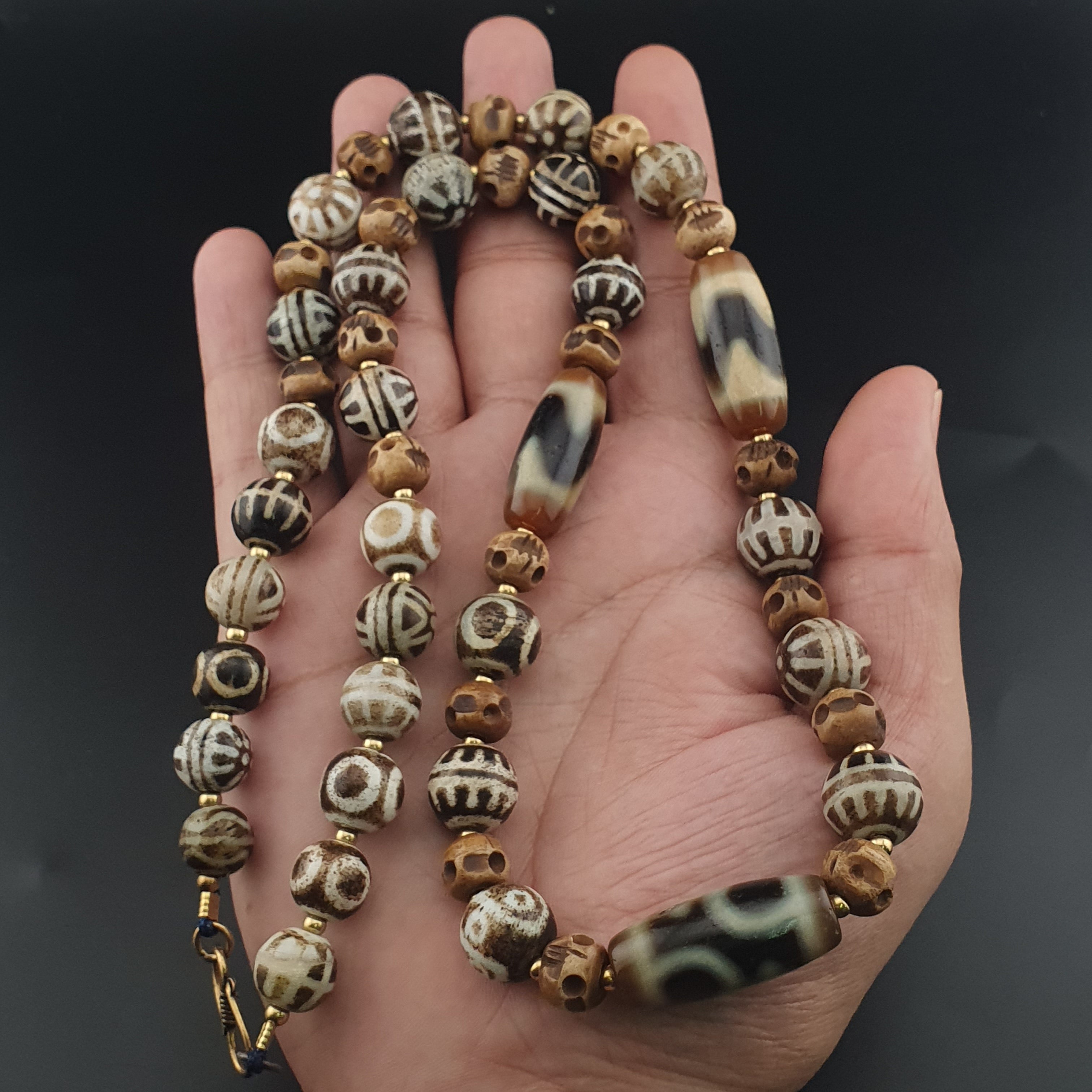 Vintage Tibetan Himalayan Agate & Brumese Antique Pumtek Bone Beaded Necklace