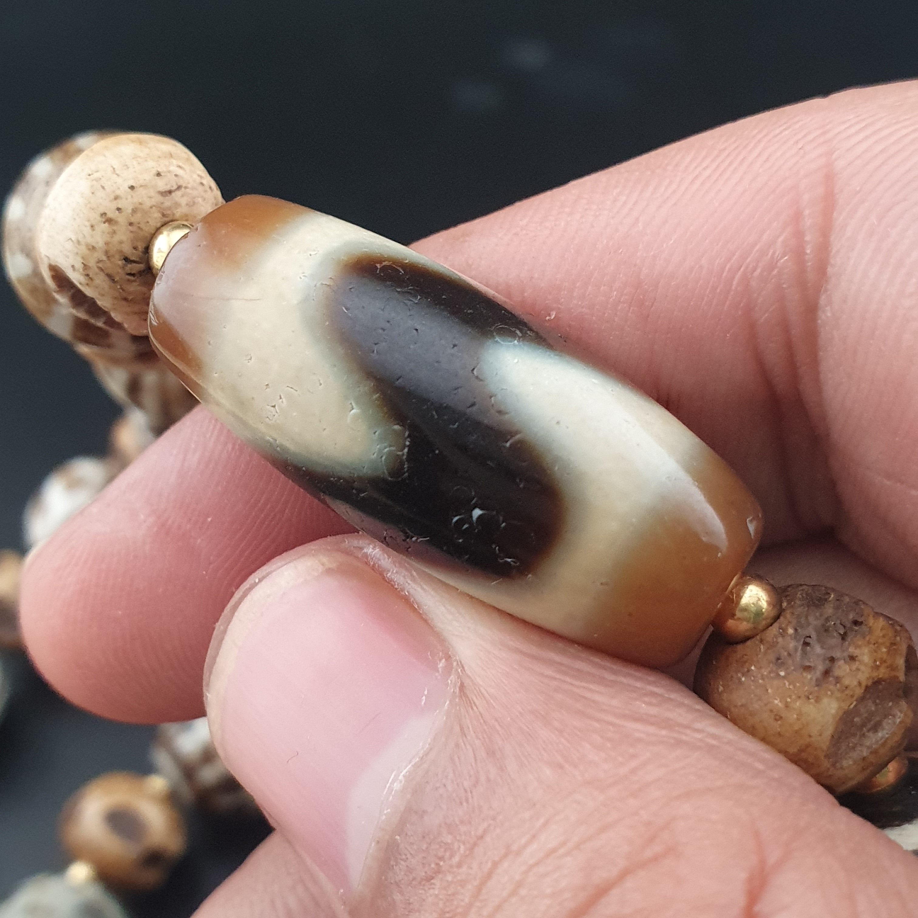 Vintage Tibetan Himalayan Agate & Brumese Antique Pumtek Bone Beaded Necklace