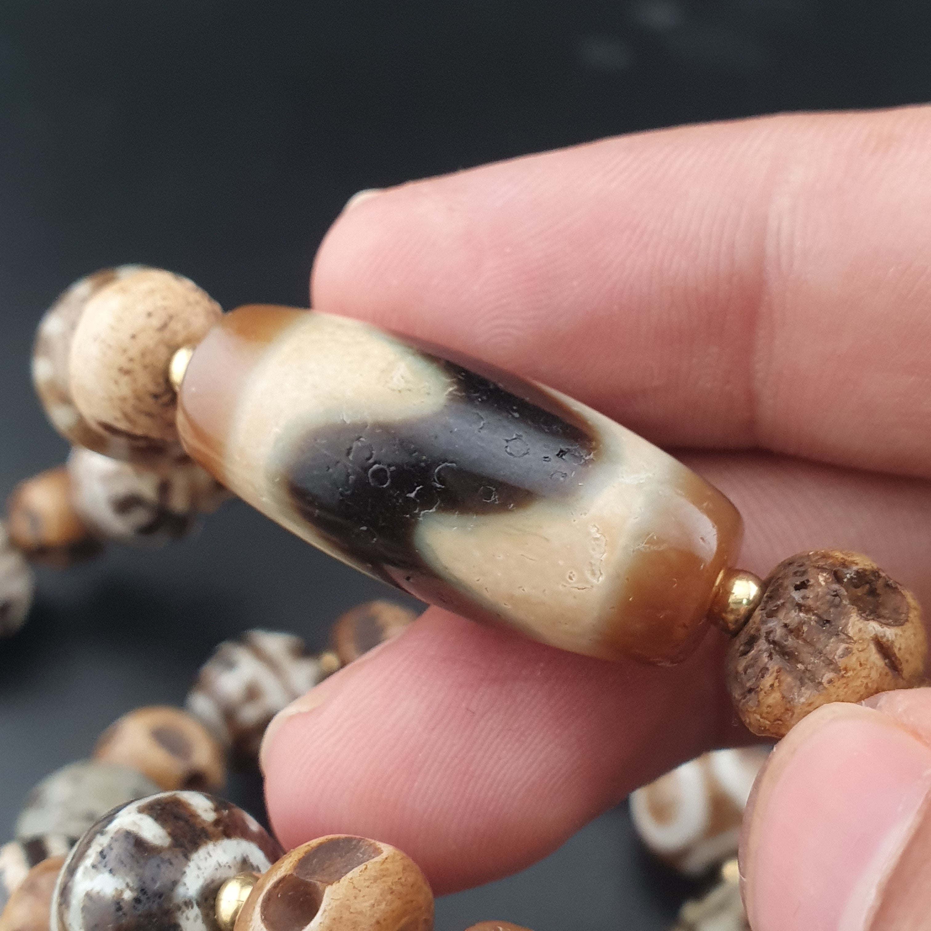 Vintage Tibetan Himalayan Agate & Brumese Antique Pumtek Bone Beaded Necklace
