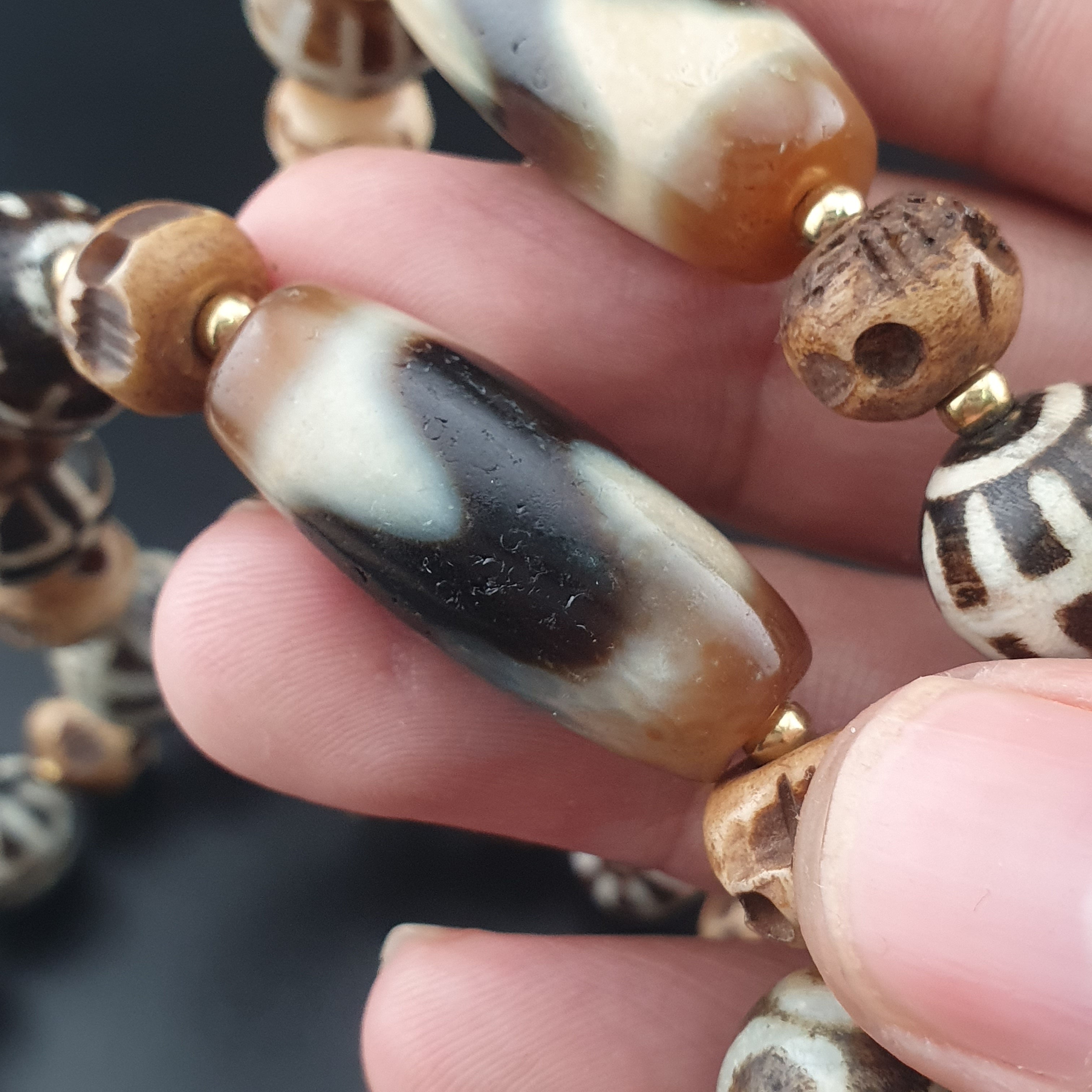 Vintage Tibetan Himalayan Agate & Brumese Antique Pumtek Bone Beaded Necklace