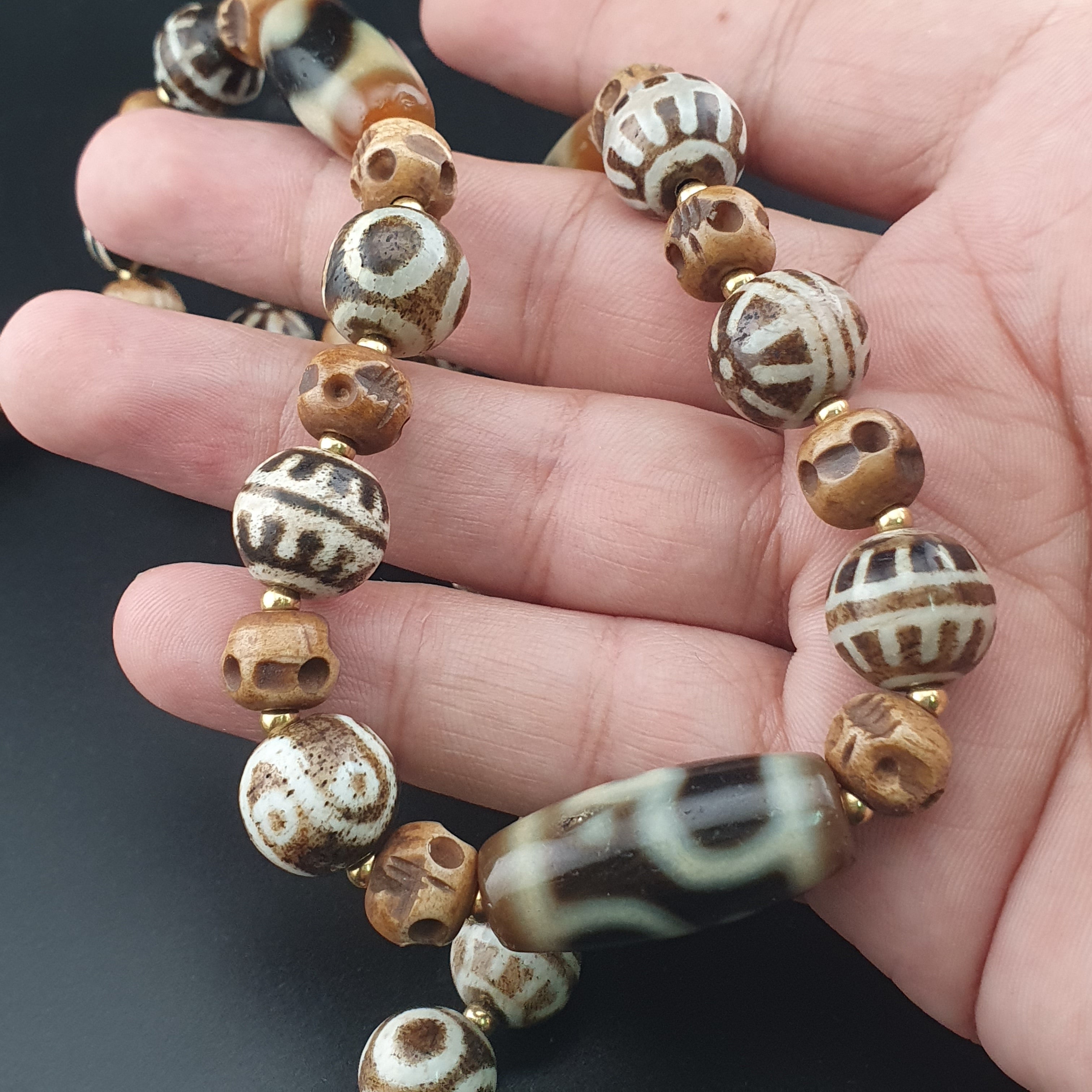 Vintage Tibetan Himalayan Agate & Brumese Antique Pumtek Bone Beaded Necklace