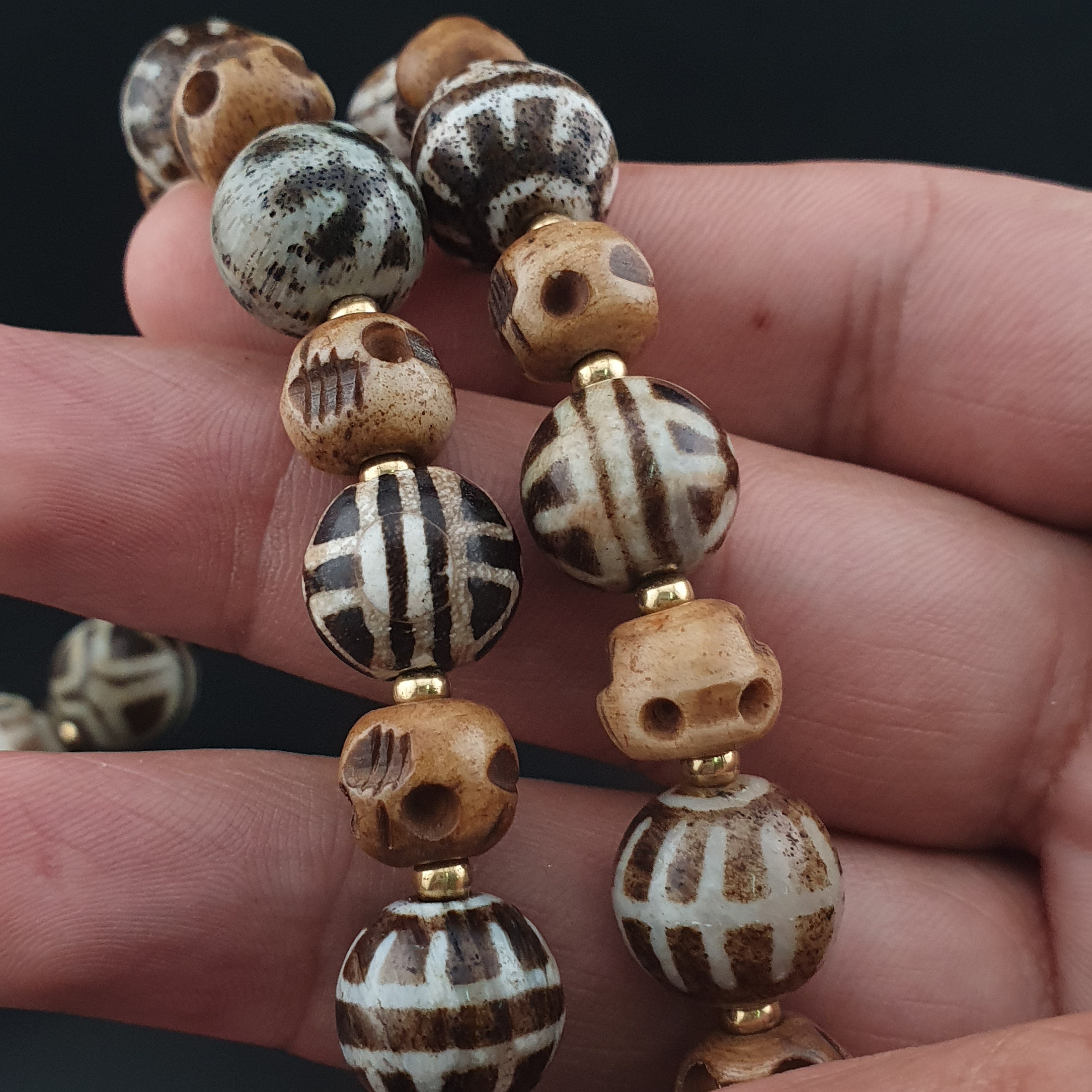 Vintage Tibetan Himalayan Agate & Brumese Antique Pumtek Bone Beaded Necklace