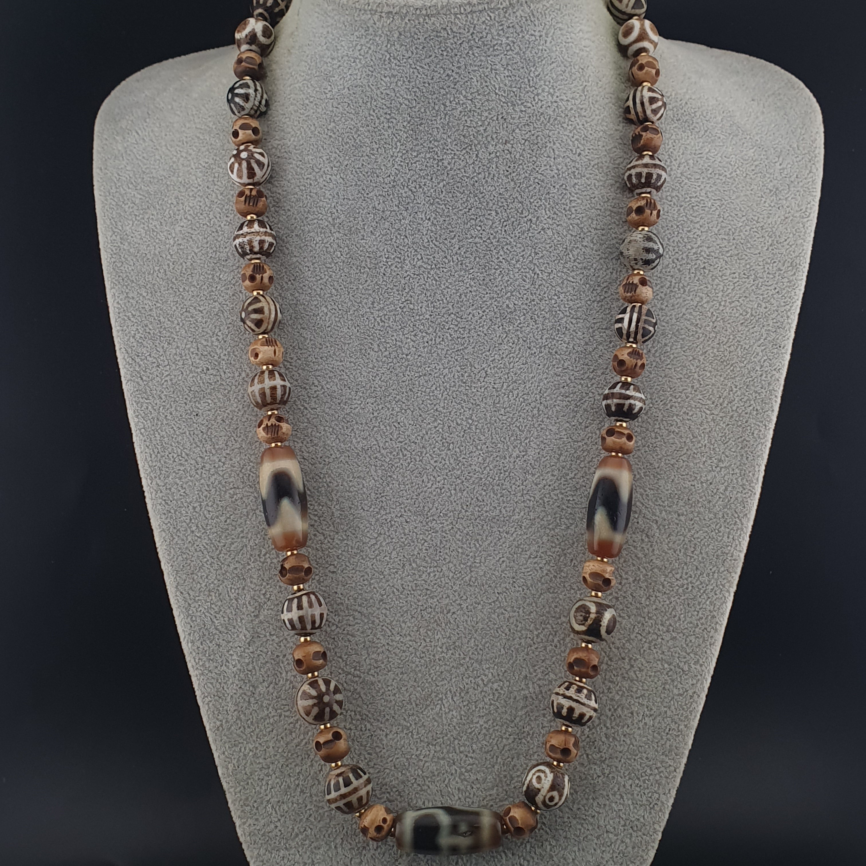 Vintage Tibetan Himalayan Agate & Brumese Antique Pumtek Bone Beaded Necklace