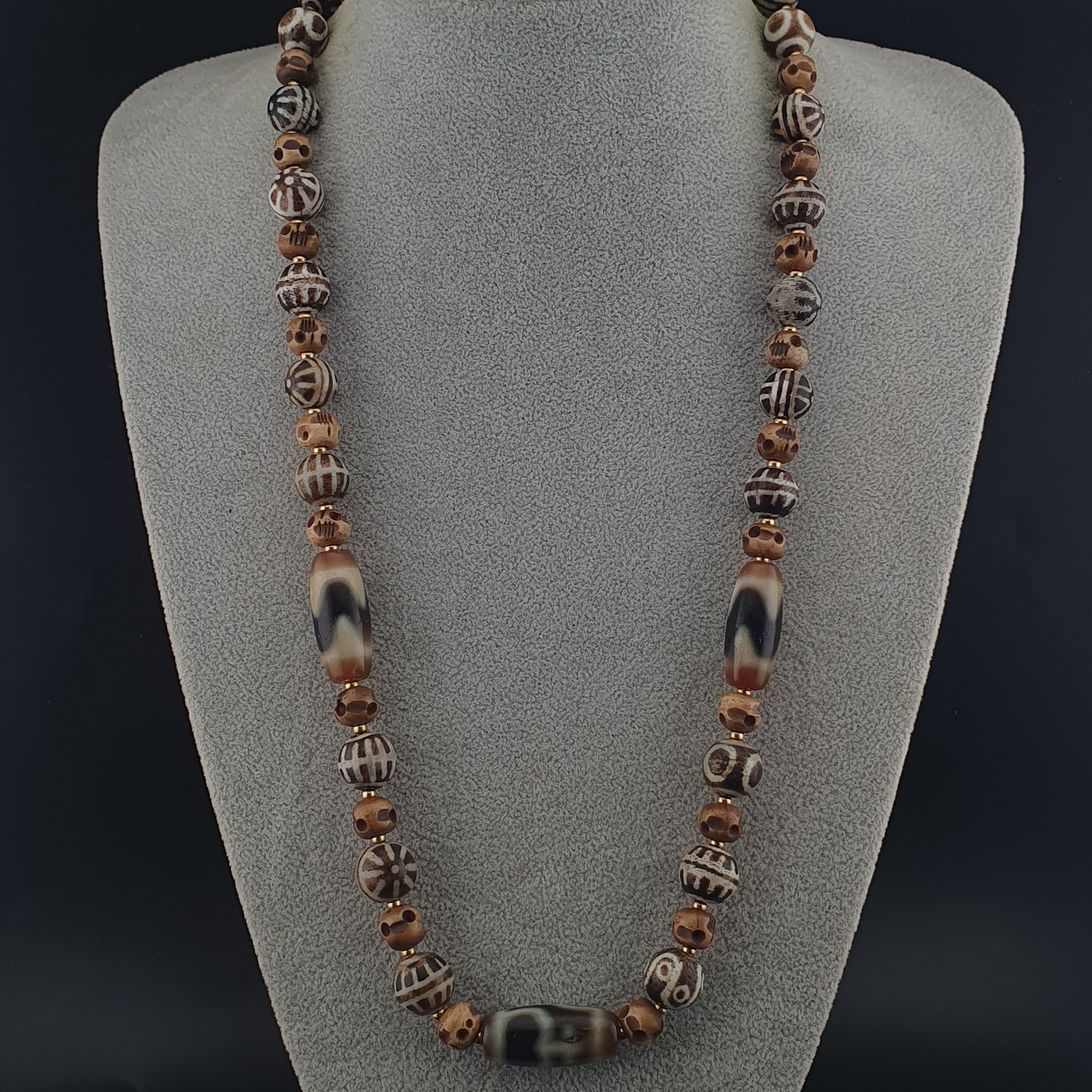 Vintage Tibetan Himalayan Agate & Brumese Antique Pumtek Bone Beaded Necklace