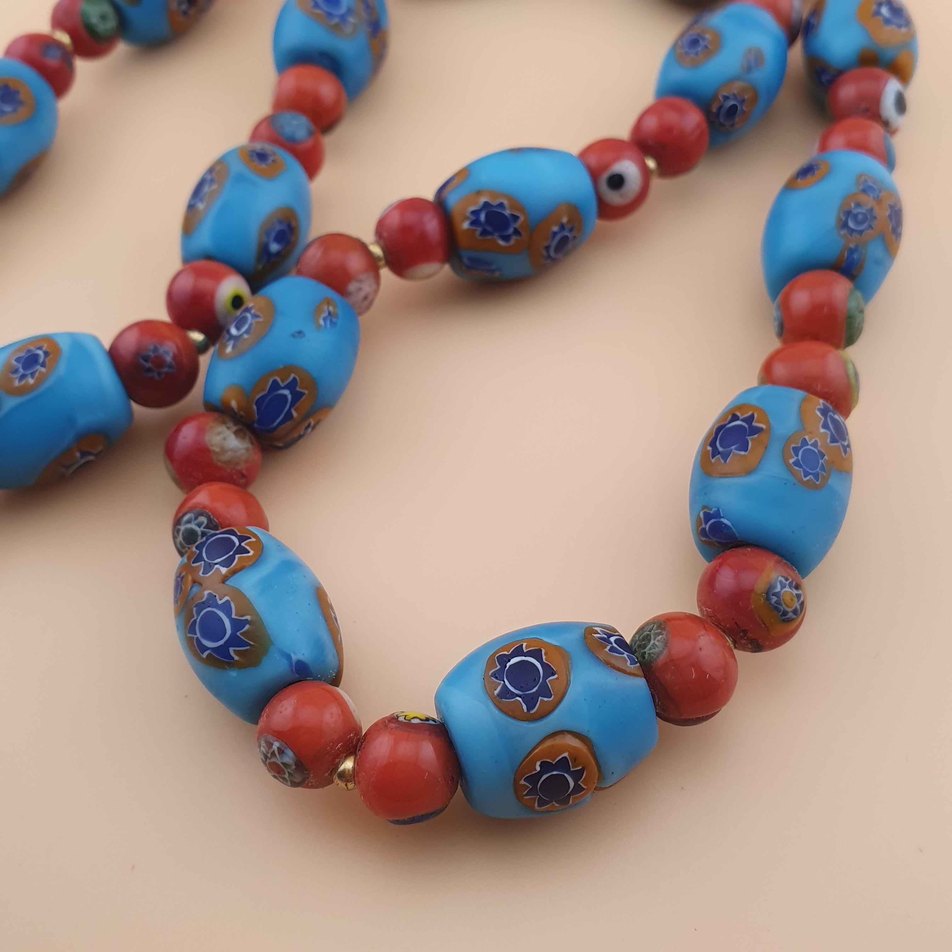 Vintage Venetian Style Floral & Red Eyes Glass Beads Necklace