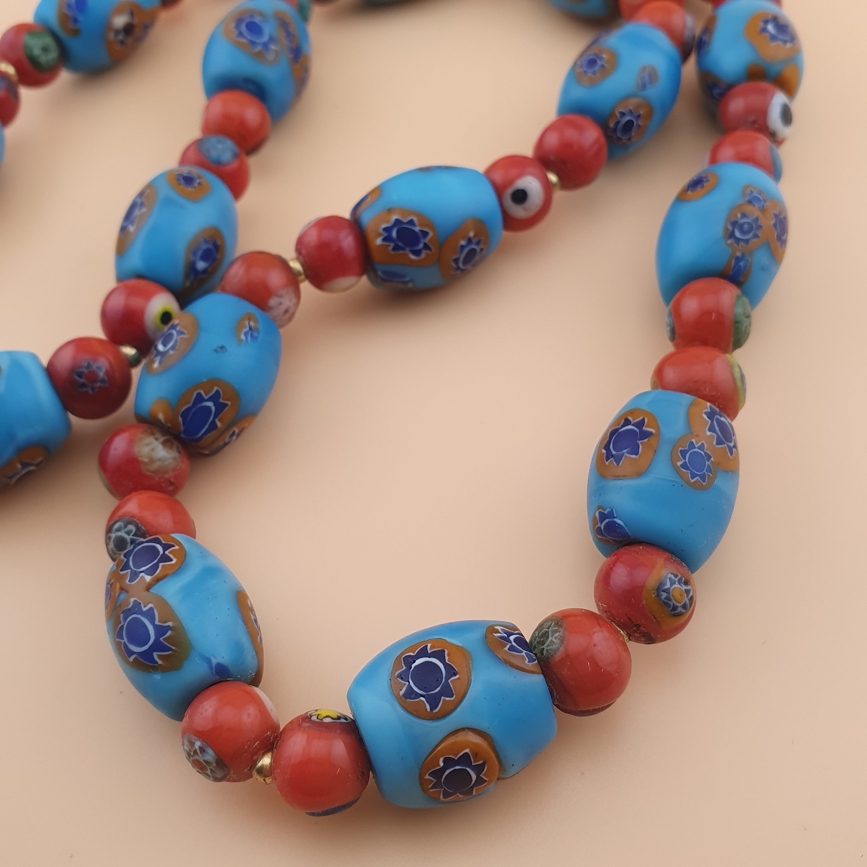 Vintage Venetian Style Floral & Red Eyes Glass Beads Necklace