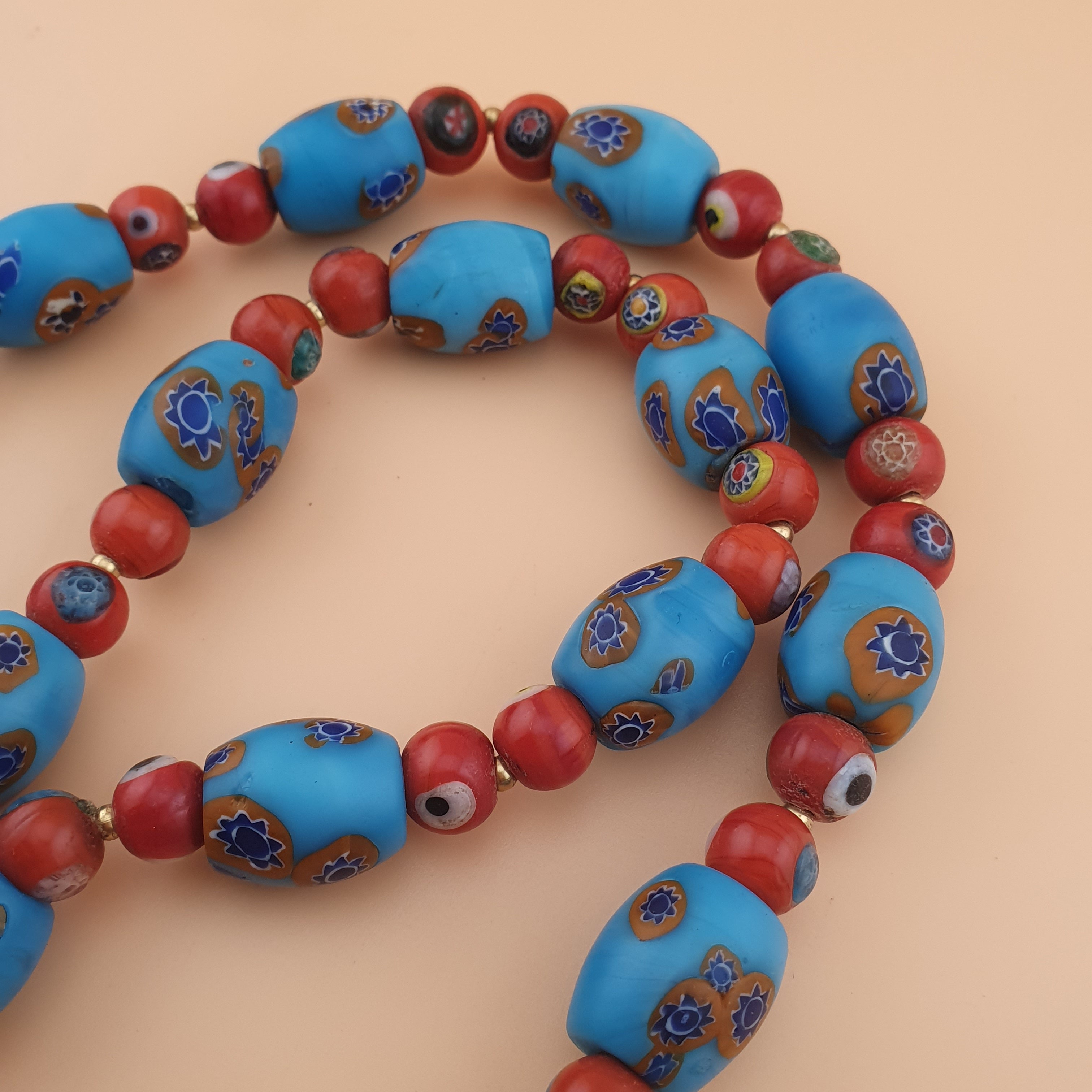 Vintage Venetian Style Floral & Red Eyes Glass Beads Necklace