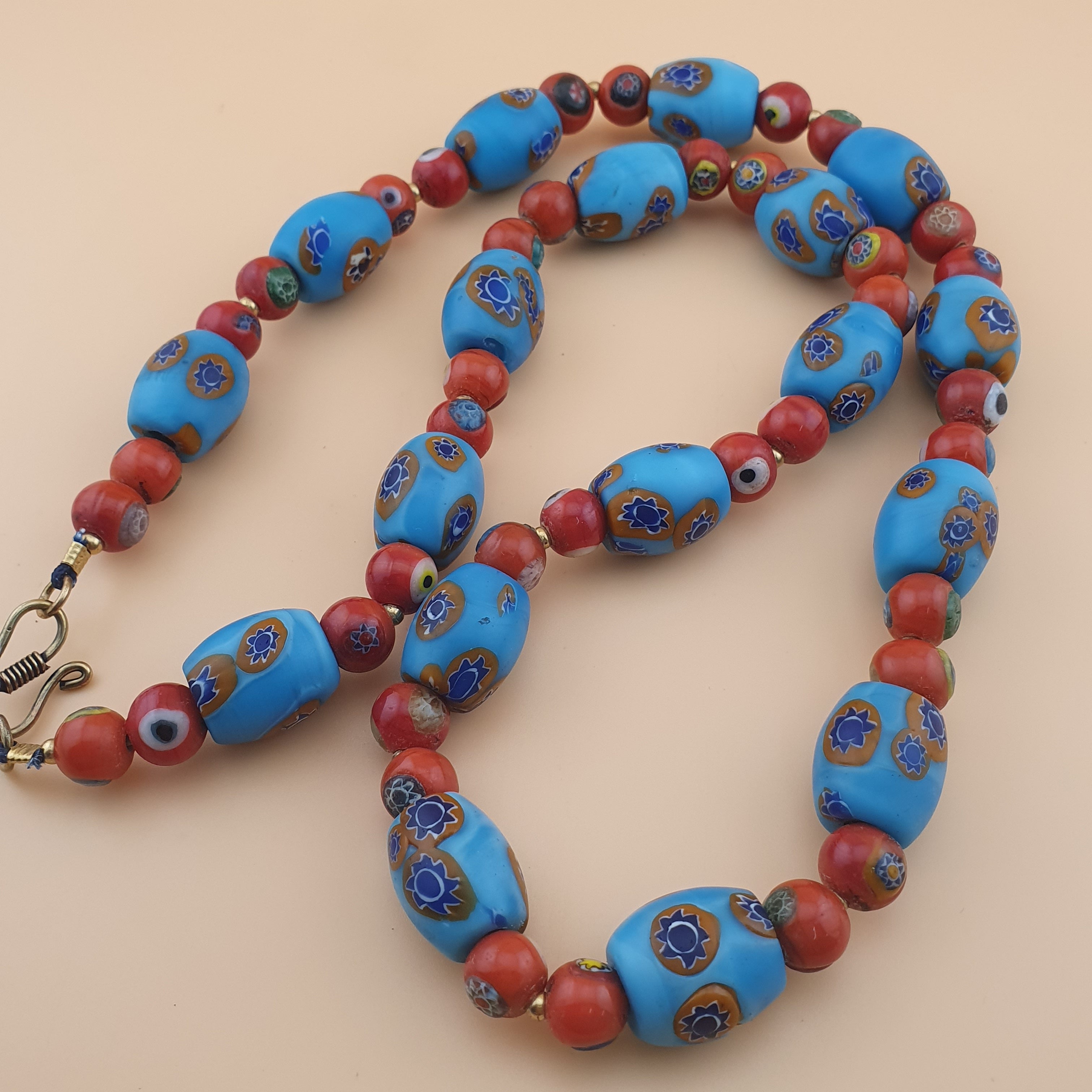 Vintage Venetian Style Floral & Red Eyes Glass Beads Necklace