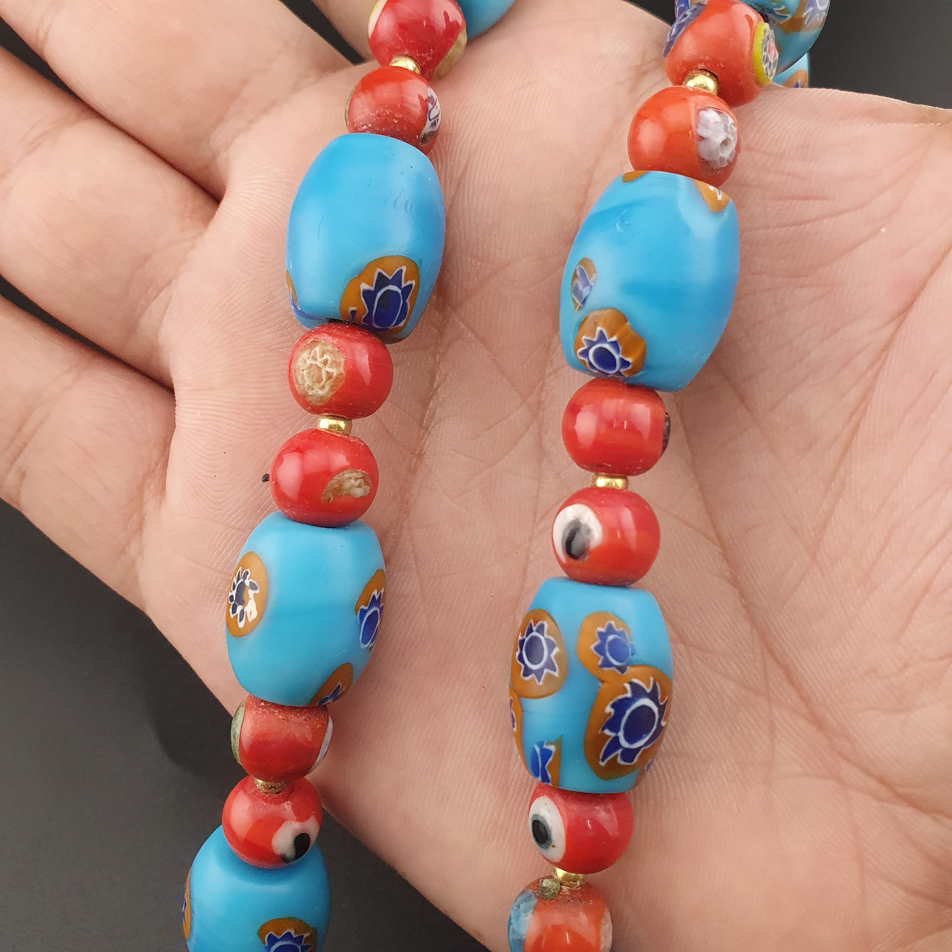 Vintage Venetian Style Floral & Red Eyes Glass Beads Necklace