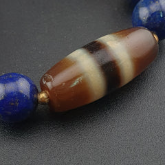 Vintage Himalayan Tibetan Zigzag & Stripe Pattern Agate Beads With LapisLazuli Necklace