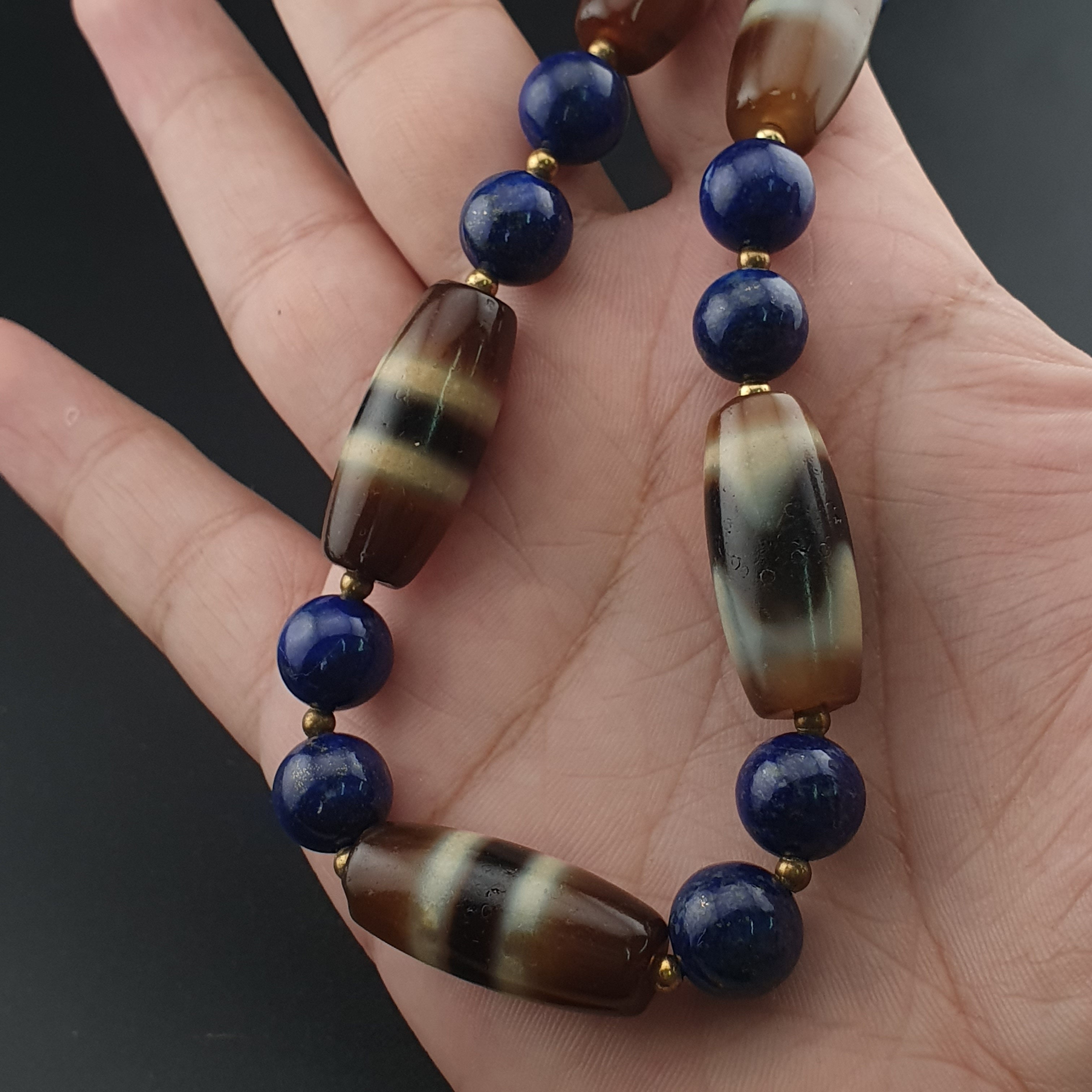 Vintage Himalayan Tibetan Zigzag & Stripe Pattern Agate Beads With LapisLazuli Necklace
