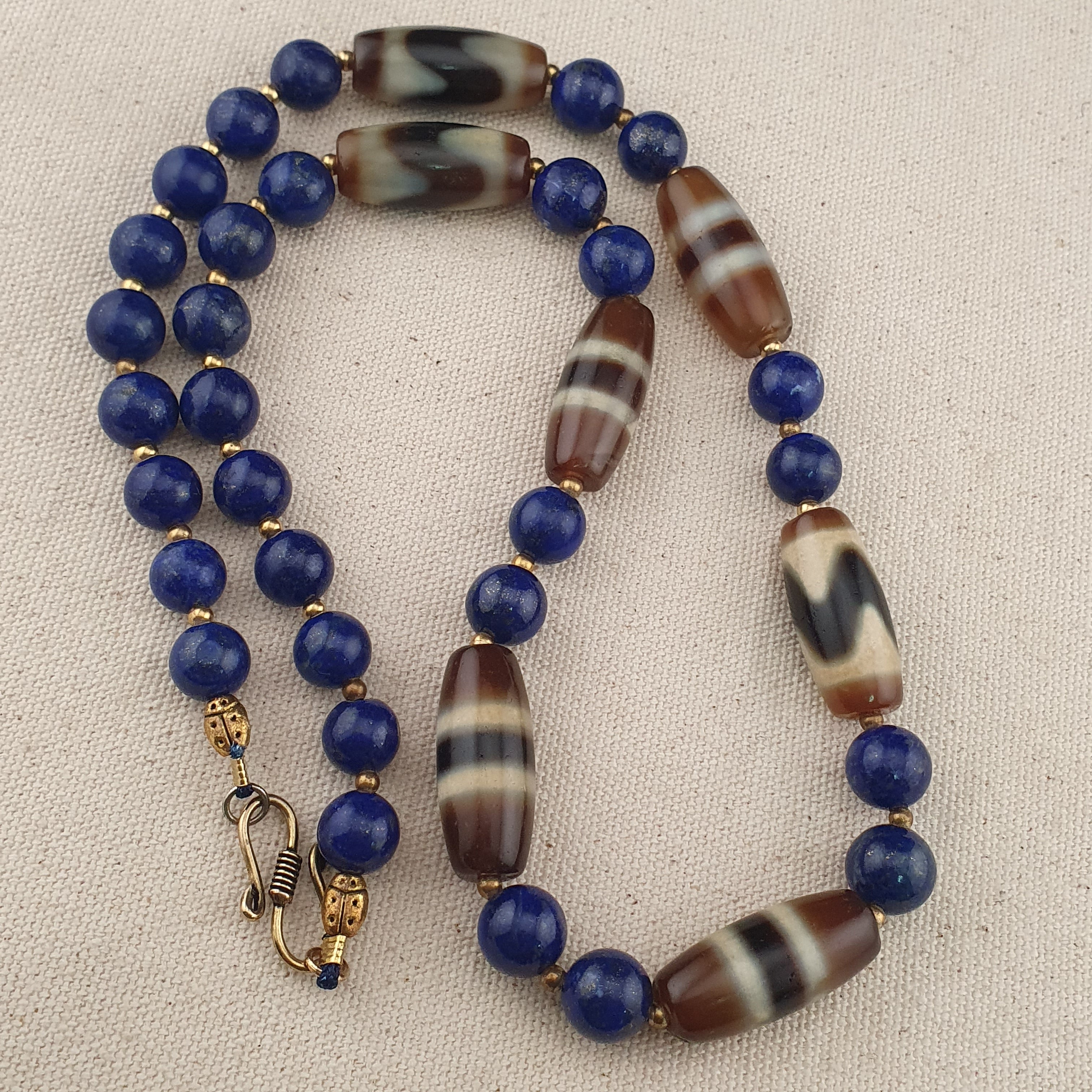 Vintage Himalayan Tibetan Zigzag & Stripe Pattern Agate Beads With LapisLazuli Necklace