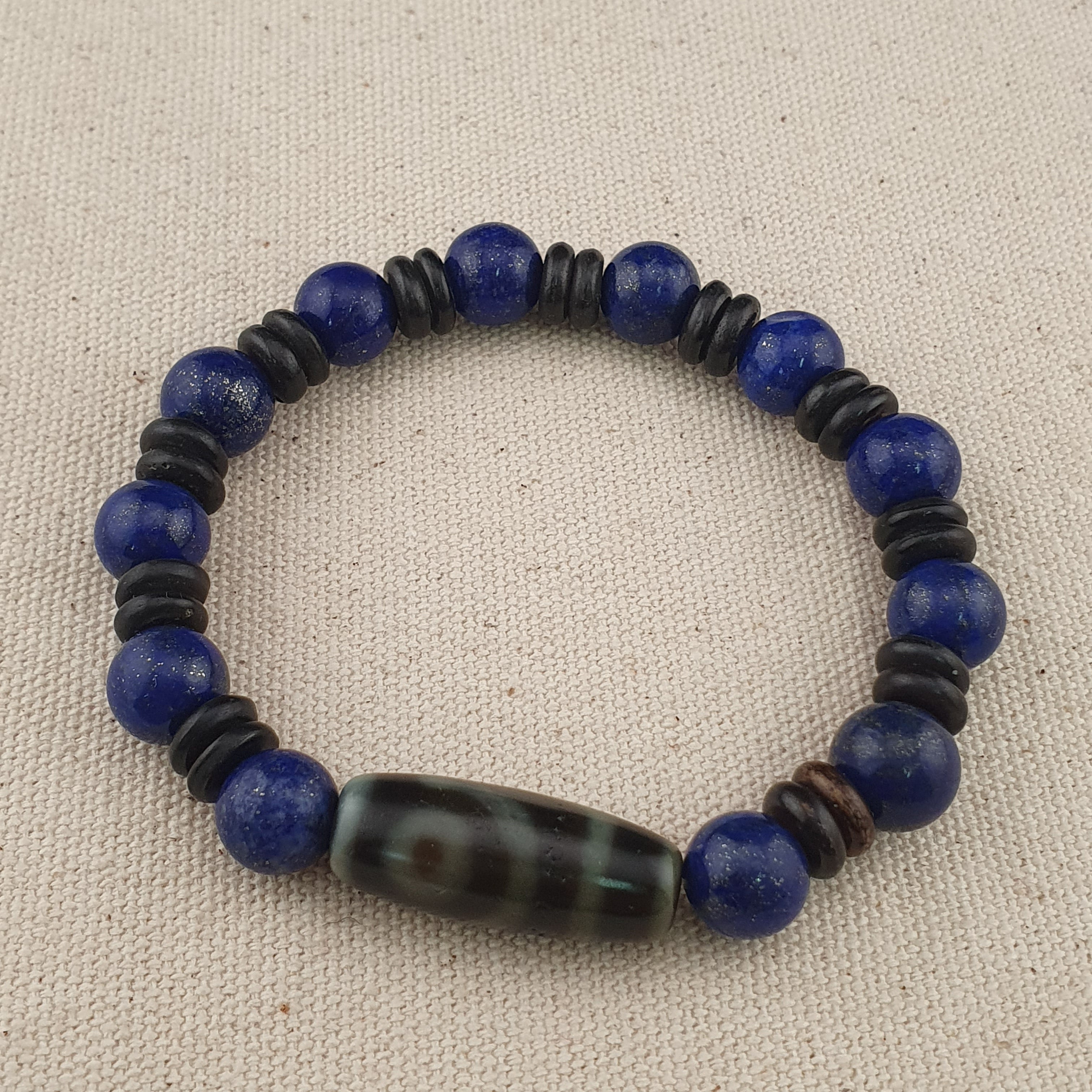 Vintage Himalayan 2 Eyes Agate & LapisLazuli Beads Bracelet