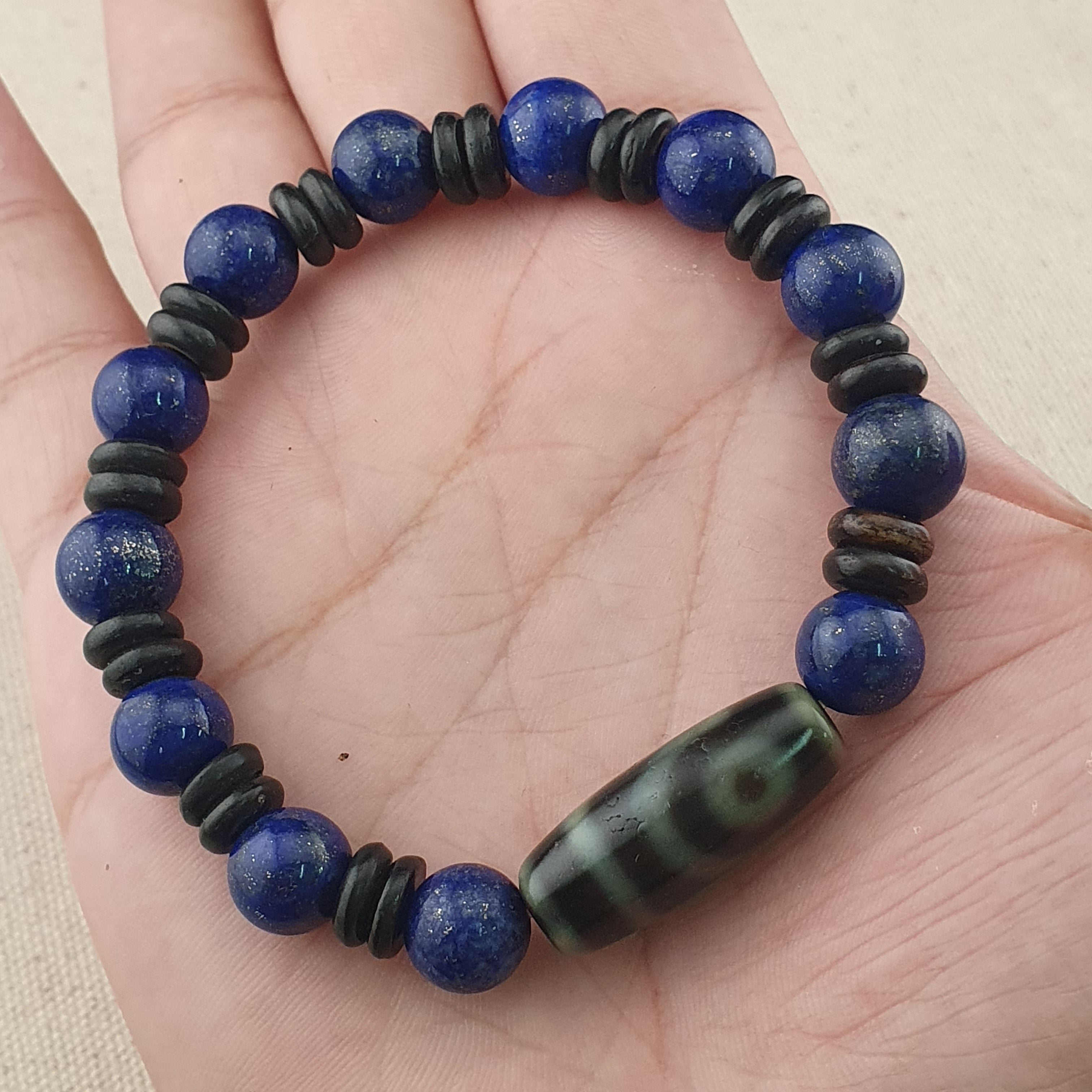 Vintage Himalayan 2 Eyes Agate & LapisLazuli Beads Bracelet