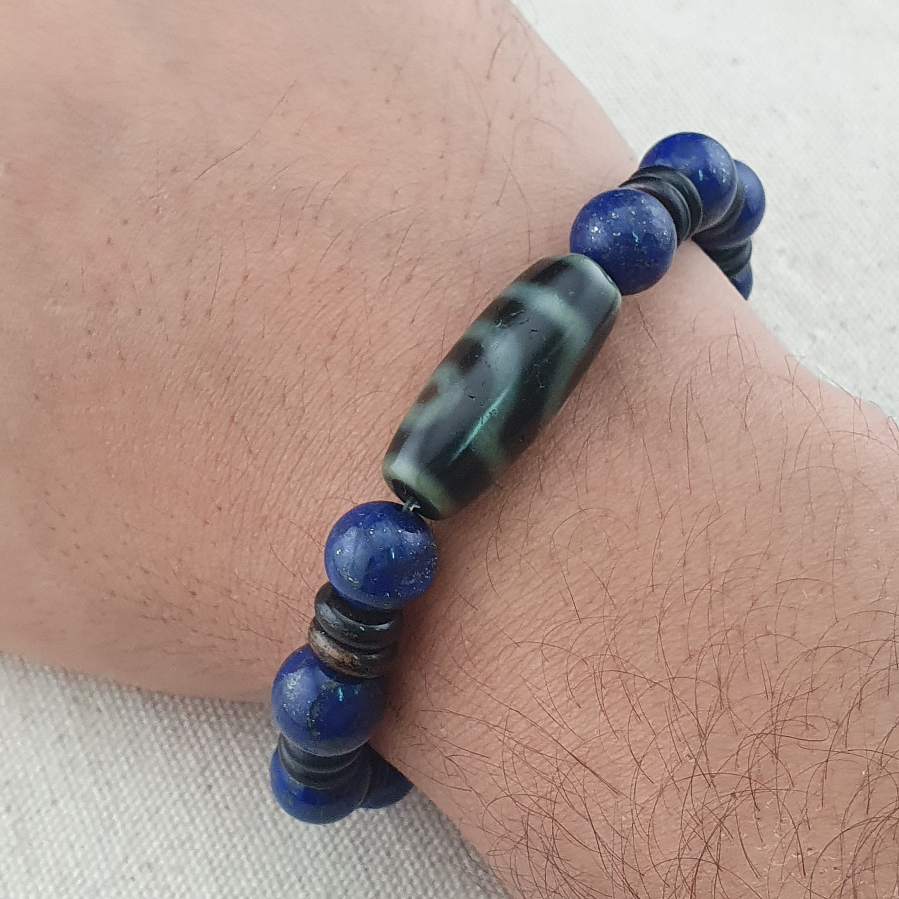 Vintage Himalayan 2 Eyes Agate & LapisLazuli Beads Bracelet